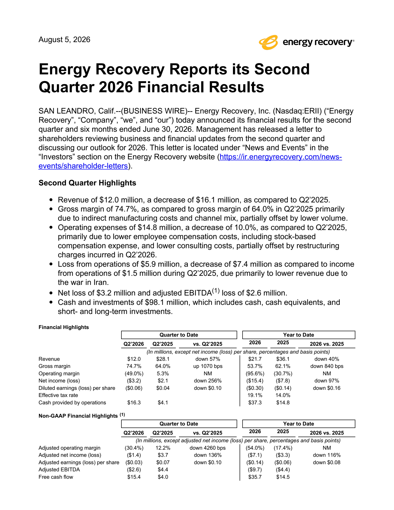 Energy Recovery's Q2 2026 Press Release
