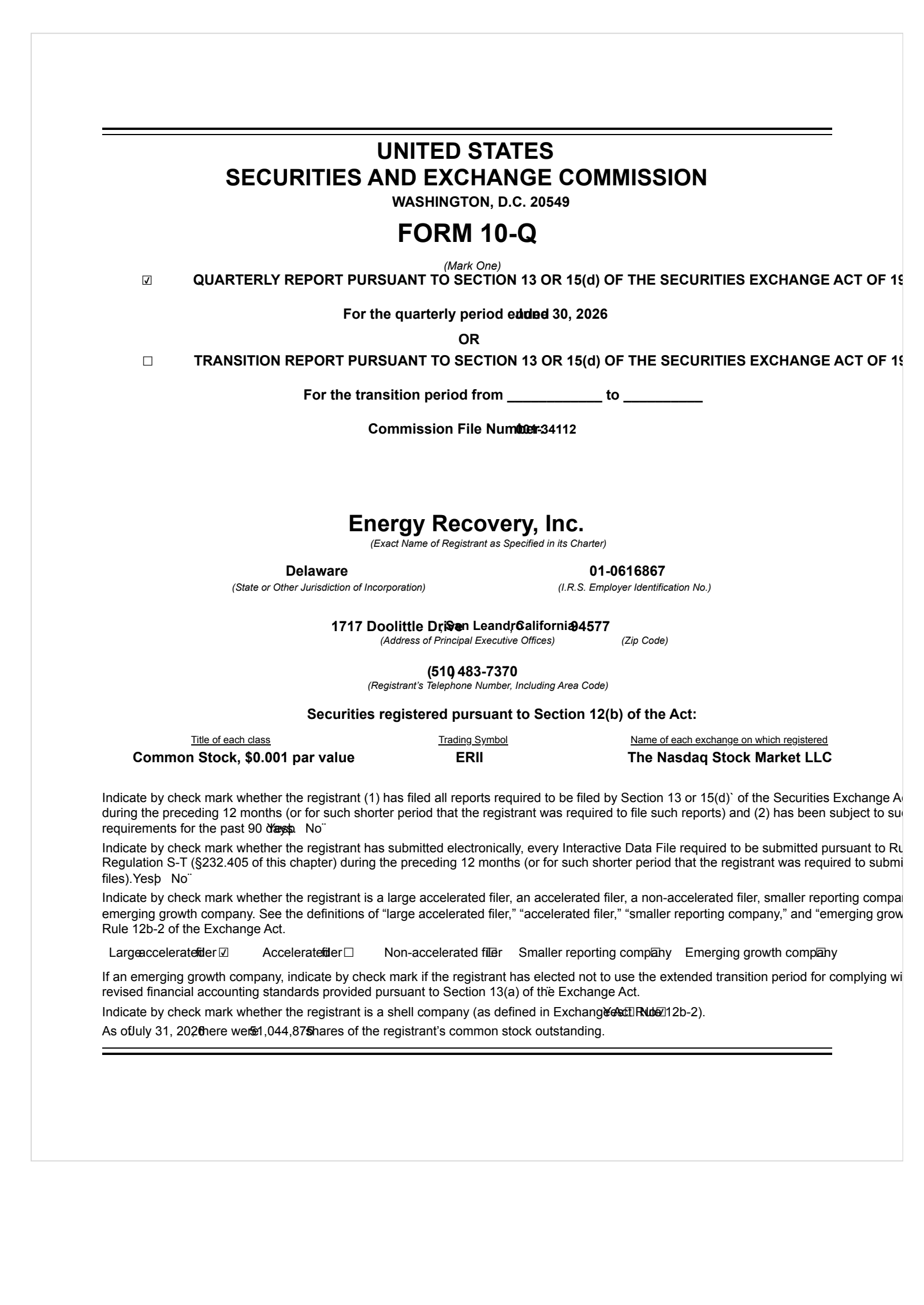 Energy Recovery's Q2 2026 Quarterly report