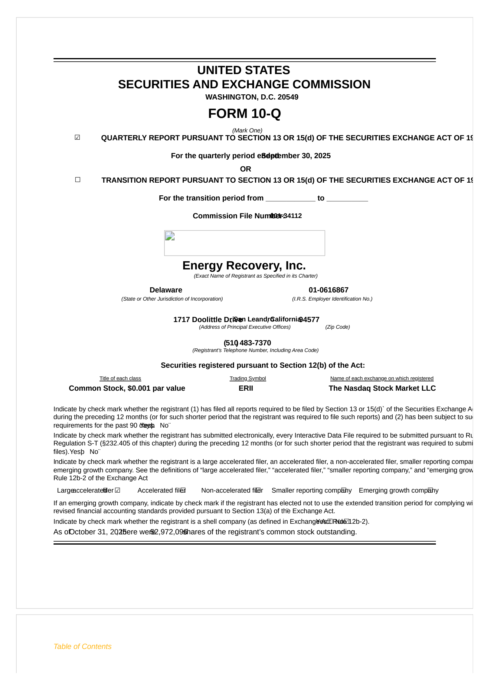 Energy Recovery's Q3 2025 Quarterly Report