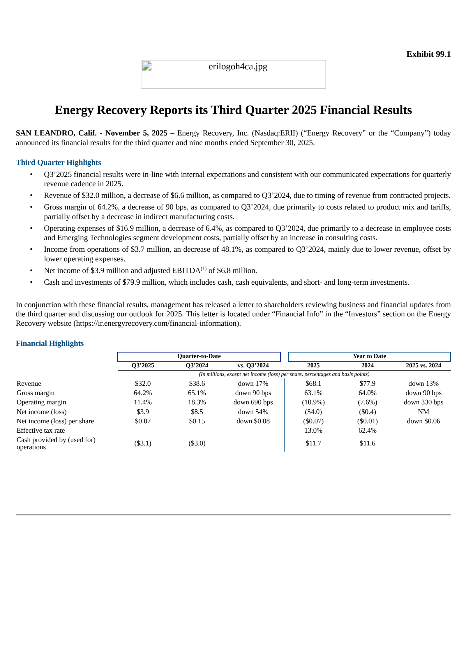 Energy Recovery's Q3 2025 Earnings Release
