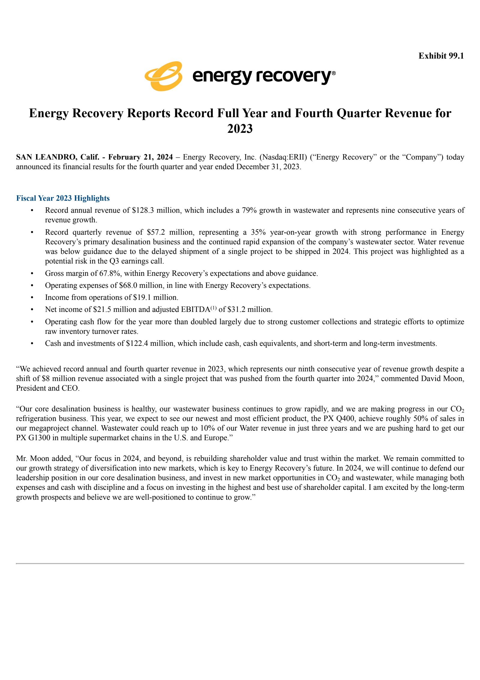 Energy Recovery's Q4 2023 Press Release