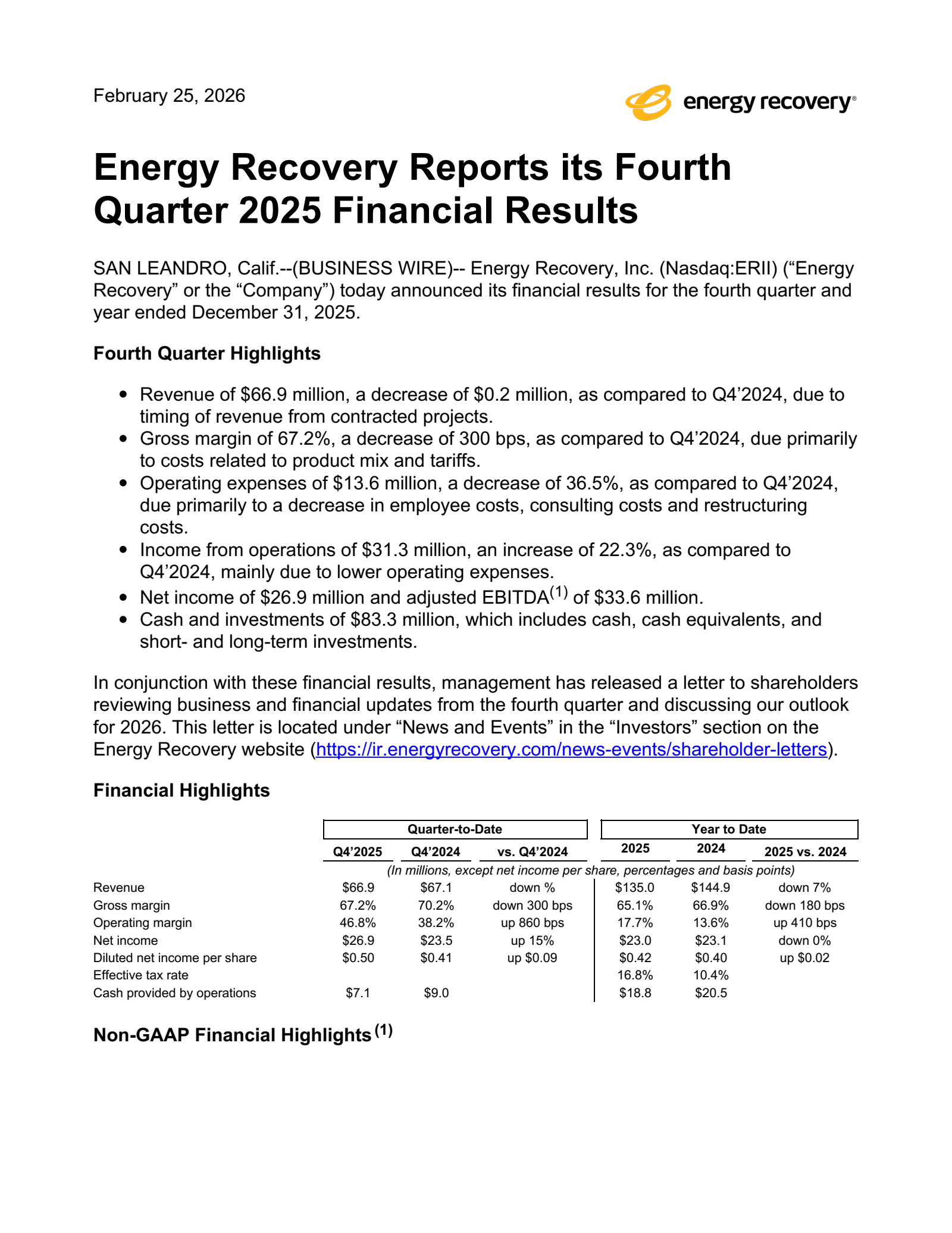 Energy Recovery's Q4 2025 Press Release