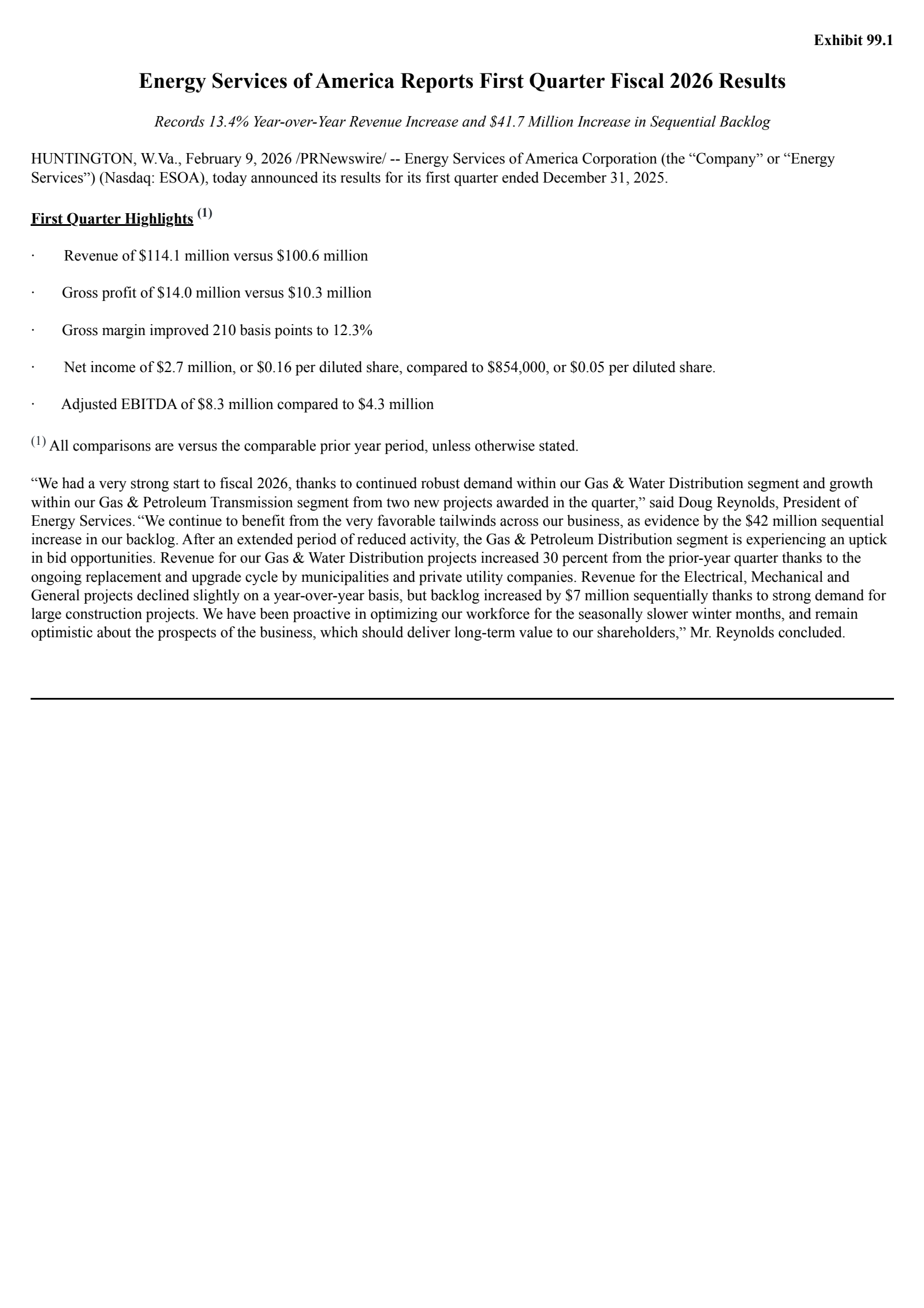 Energy Services of America's Q1 2026 Press Release