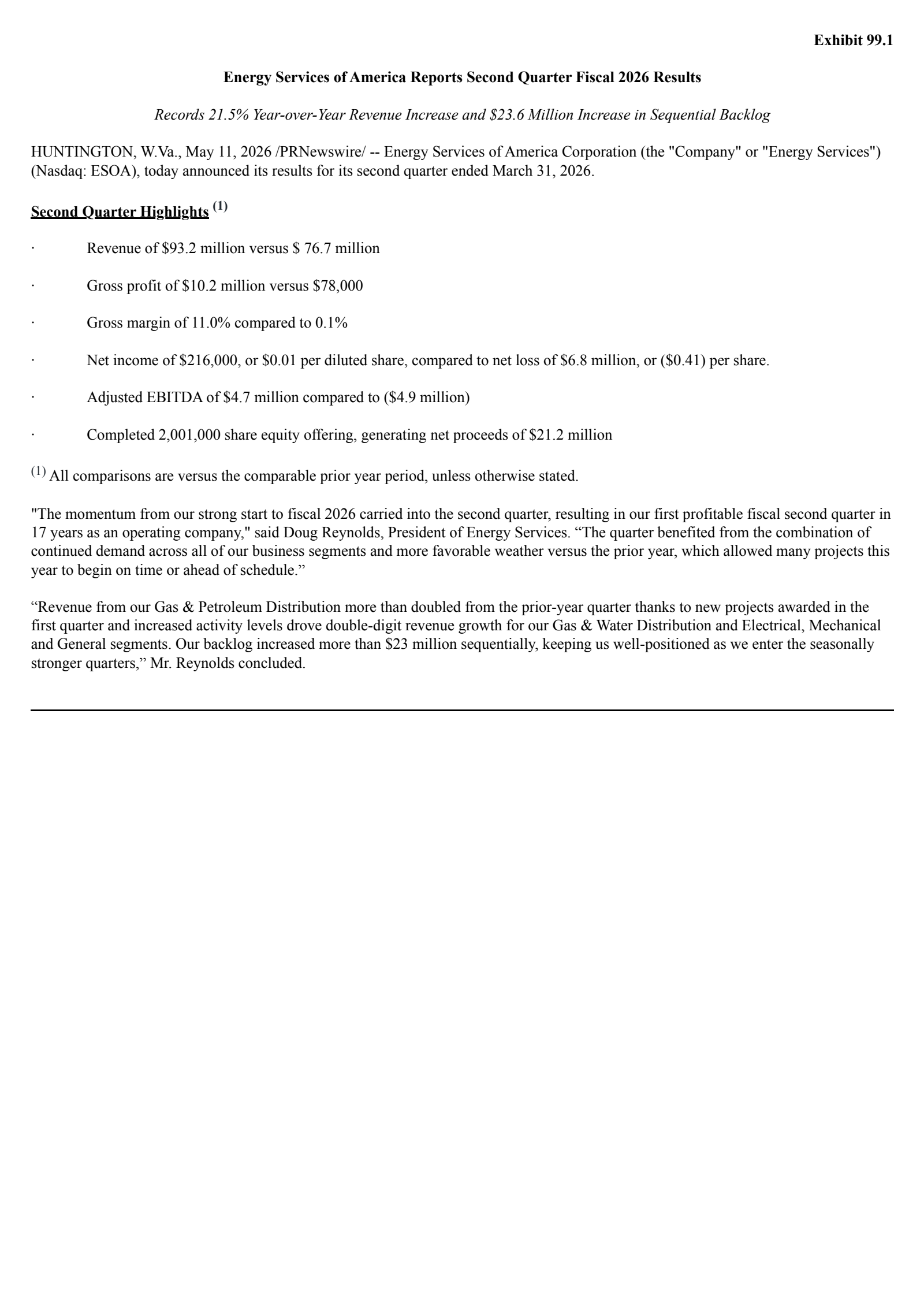 Energy Services of America's Q2 2026 Press Release