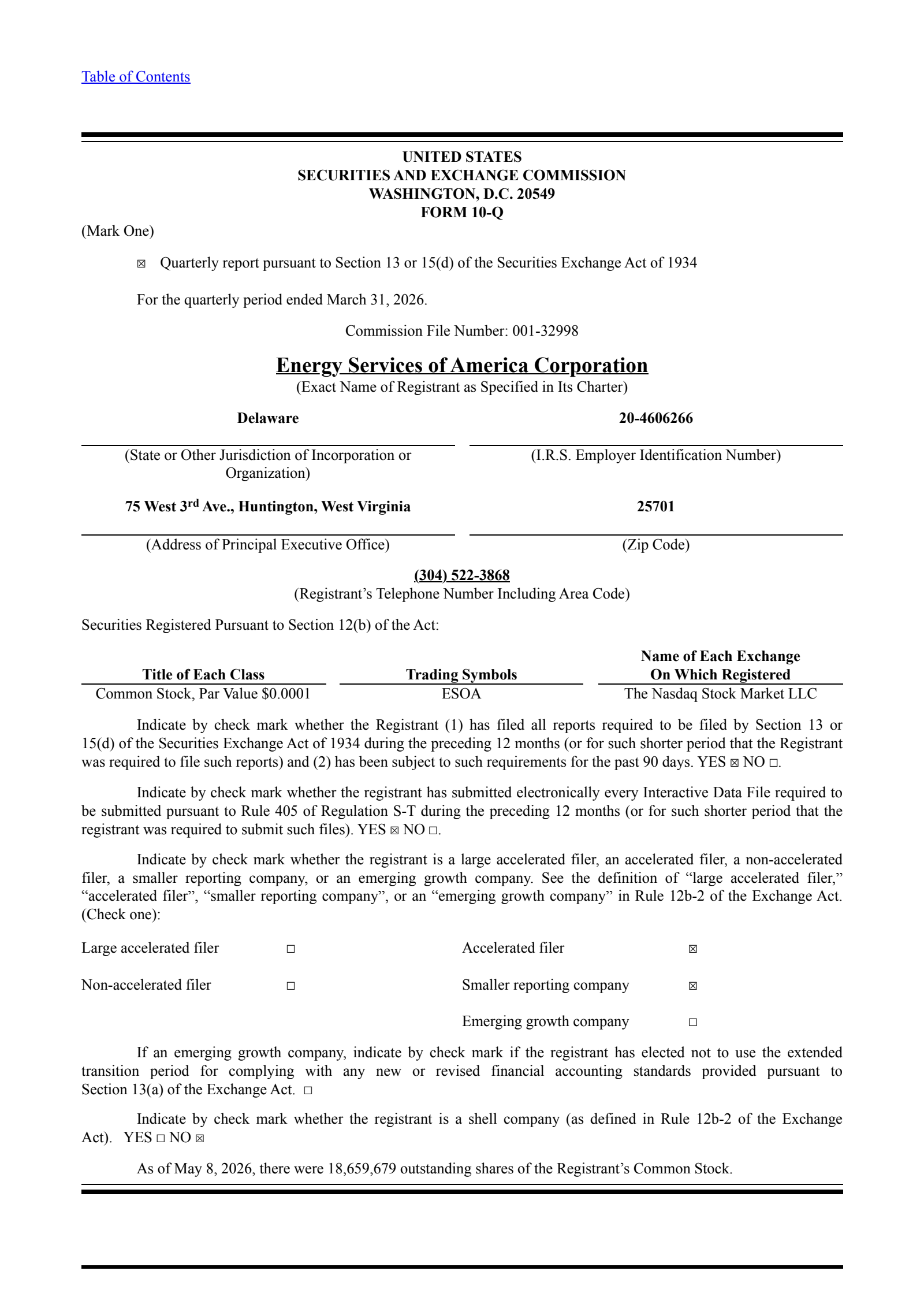 Energy Services of America's Q2 2026 Quarterly report