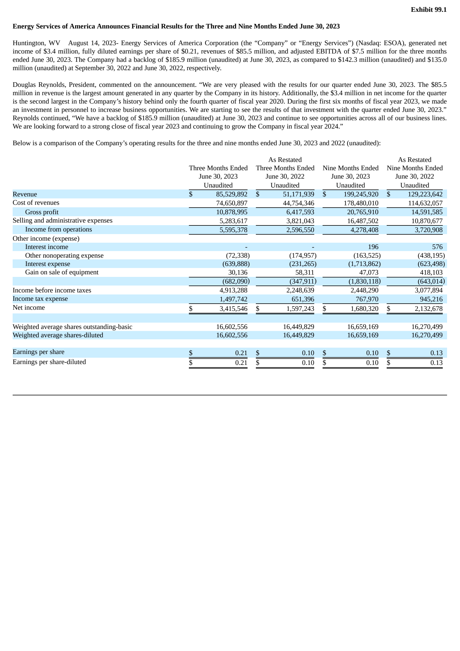 Energy Services of America's Q3 2023 Press Release
