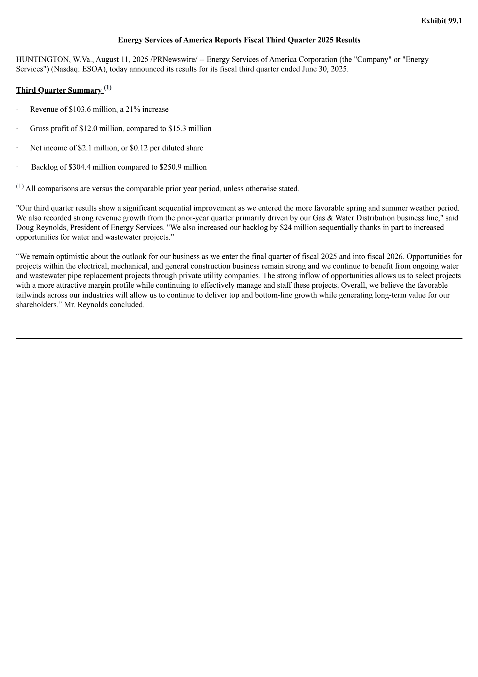 Energy Services of America's Q3 2025 Press Release