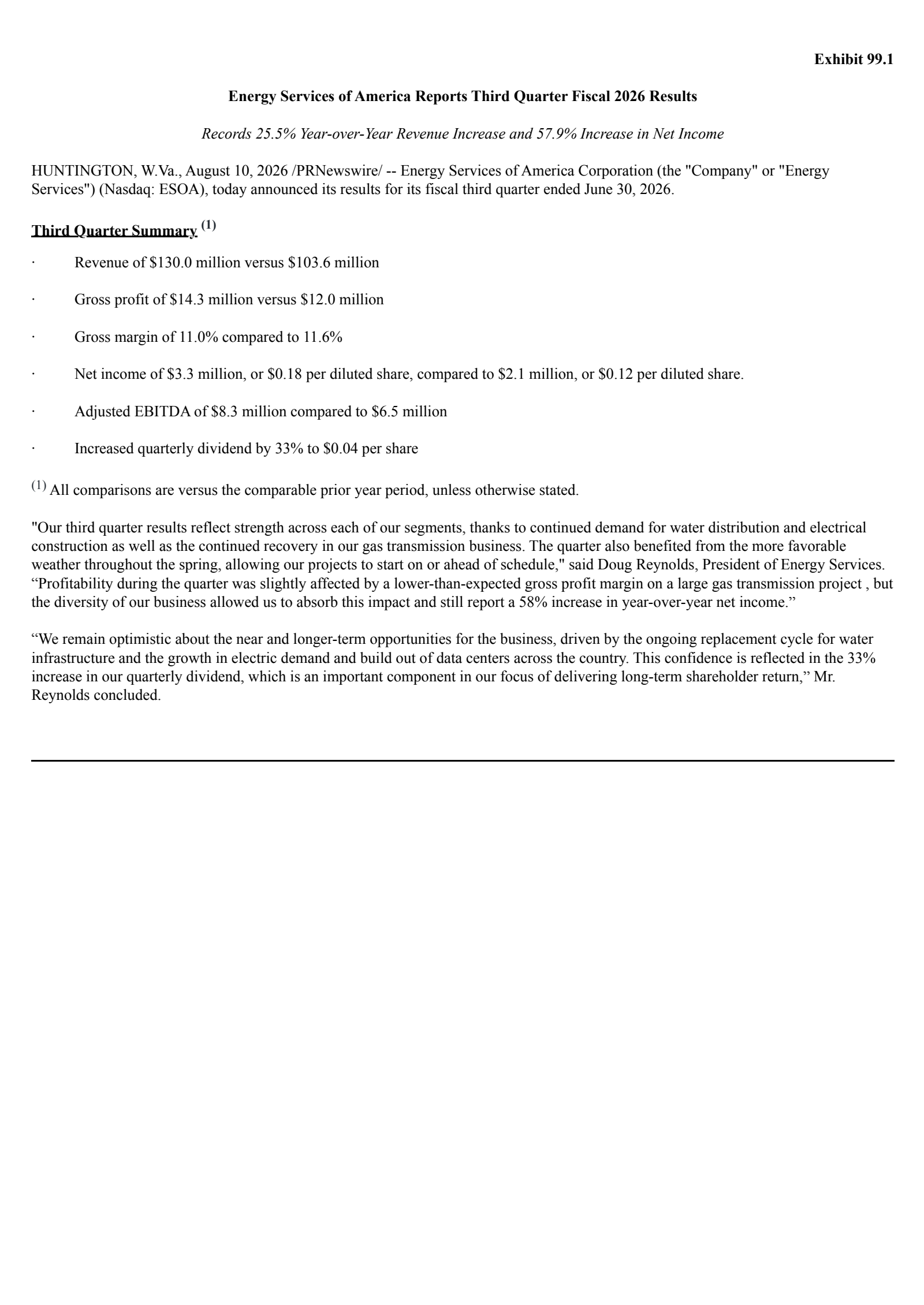 Energy Services of America's Q3 2026 Press Release