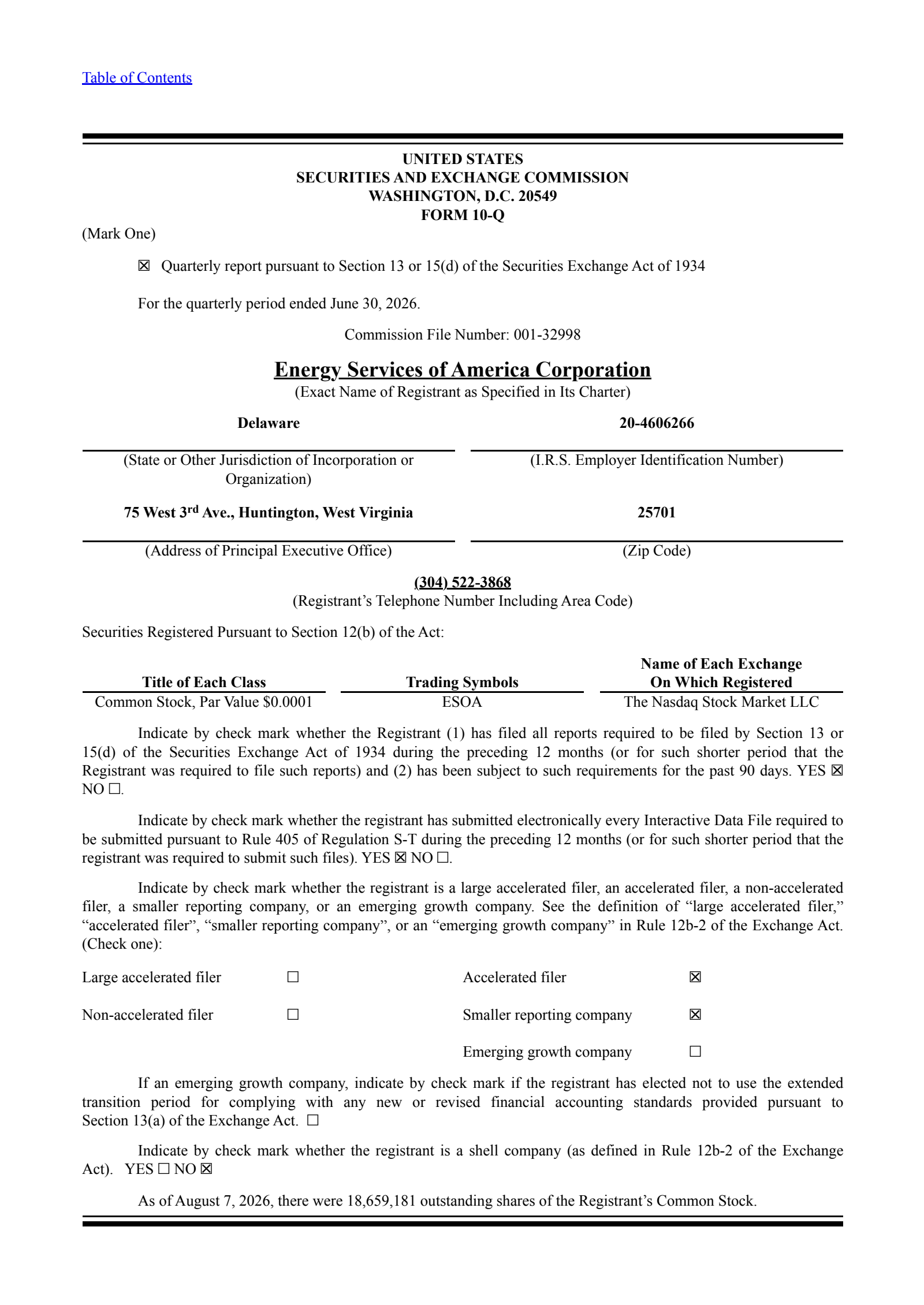 Energy Services of America's Q3 2026 Quarterly report