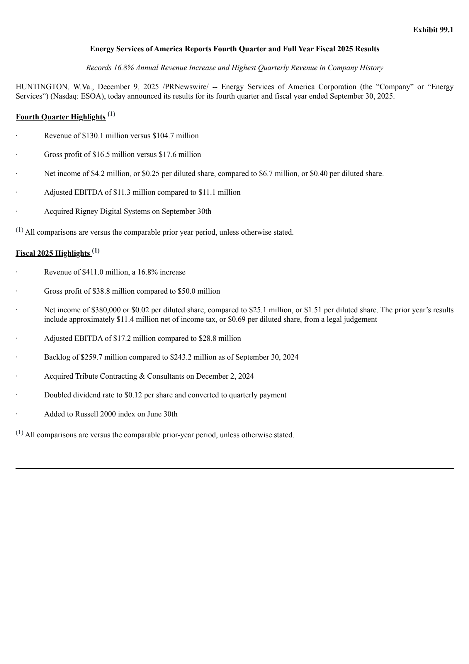Energy Services of America's Q4 2025 Earnings Release