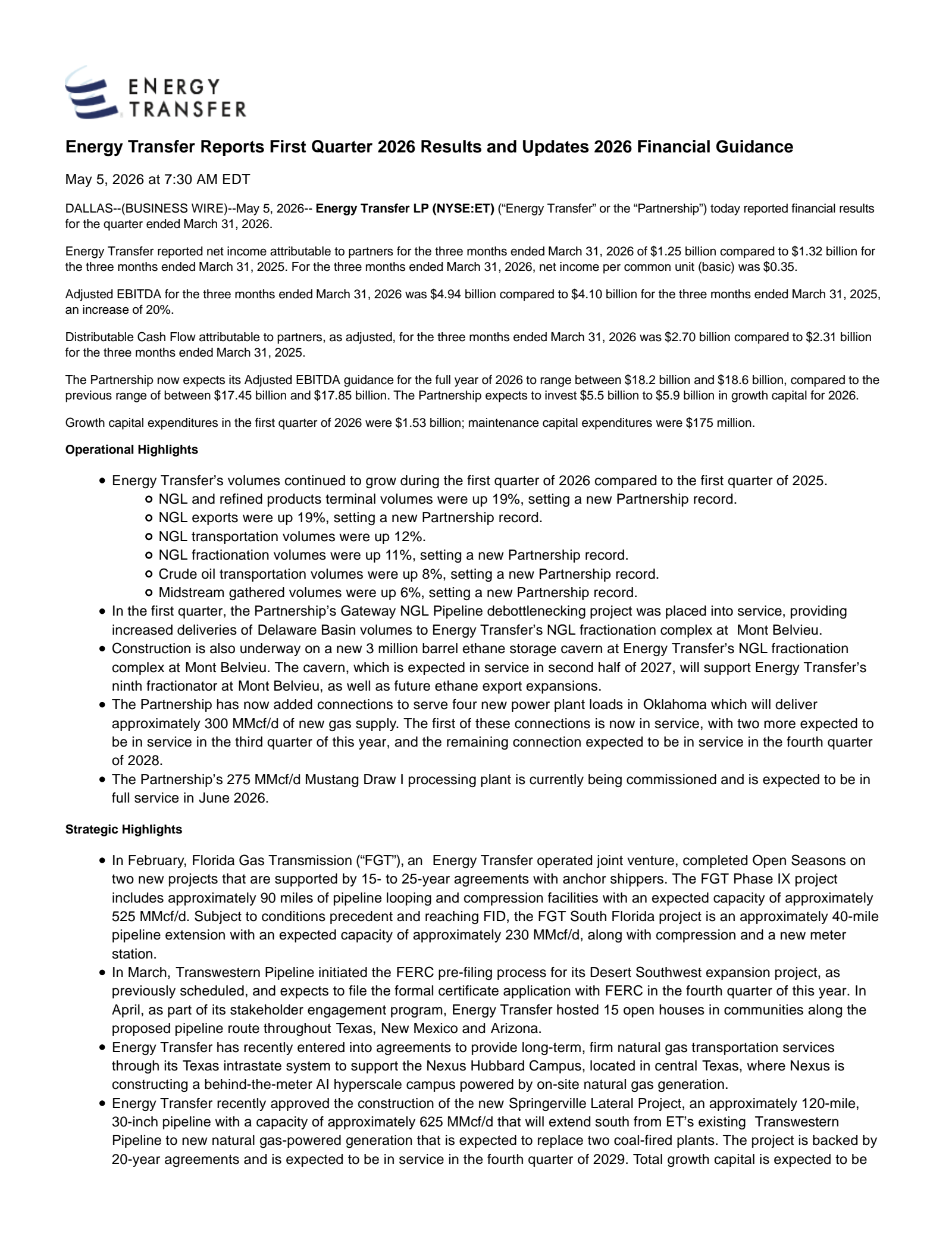 Energy Transfer's Q1 2026 Press Release