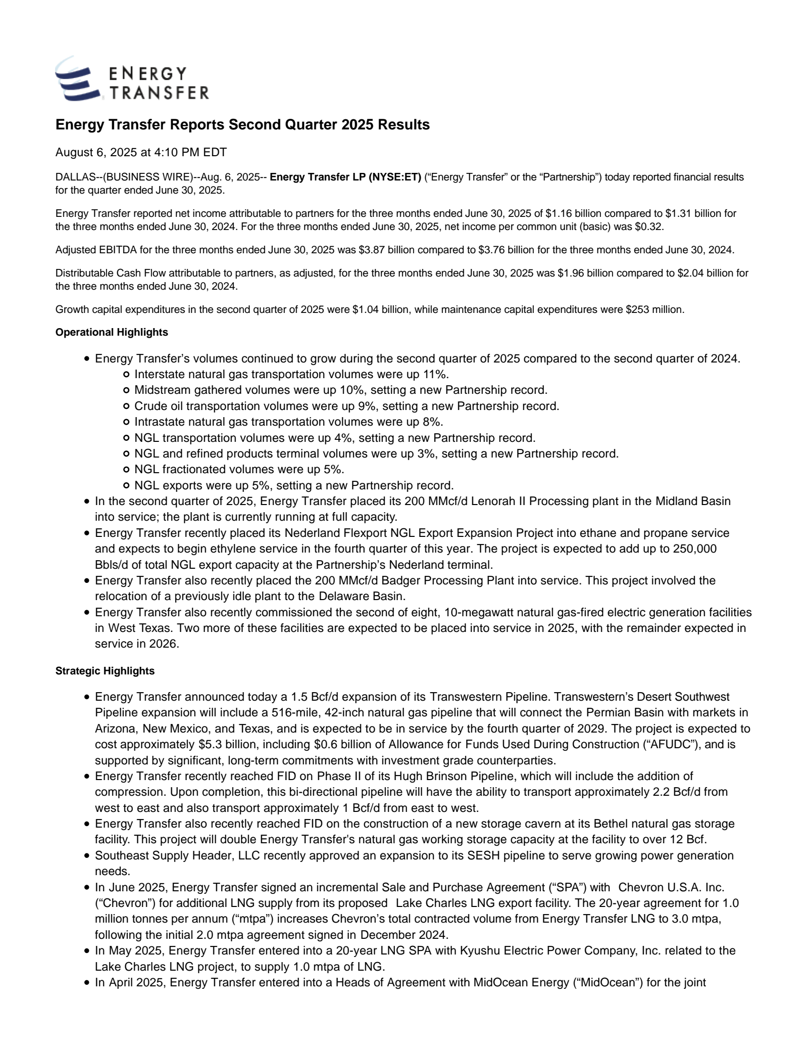 Energy Transfer's Q2 2025 Press Release
