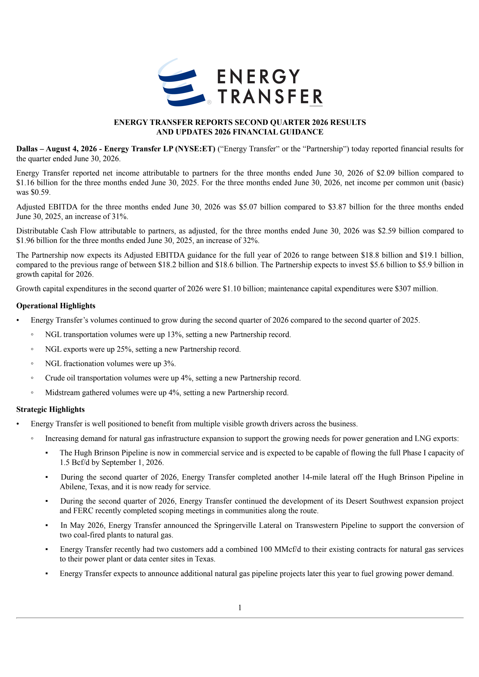 Energy Transfer's Q2 2026 Press Release