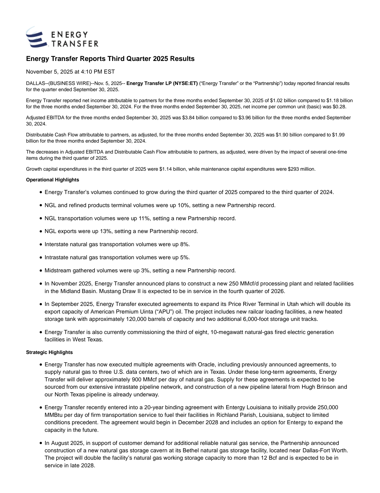 Energy Transfer's Q3 2025 Earnings Release