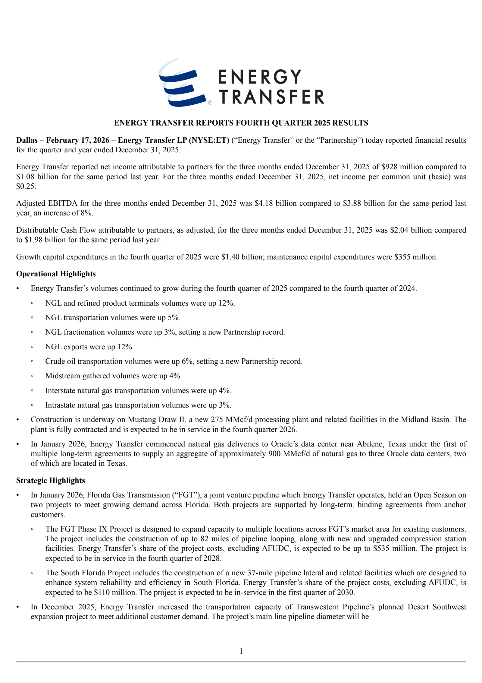 Energy Transfer's Q4 2025 Press Release