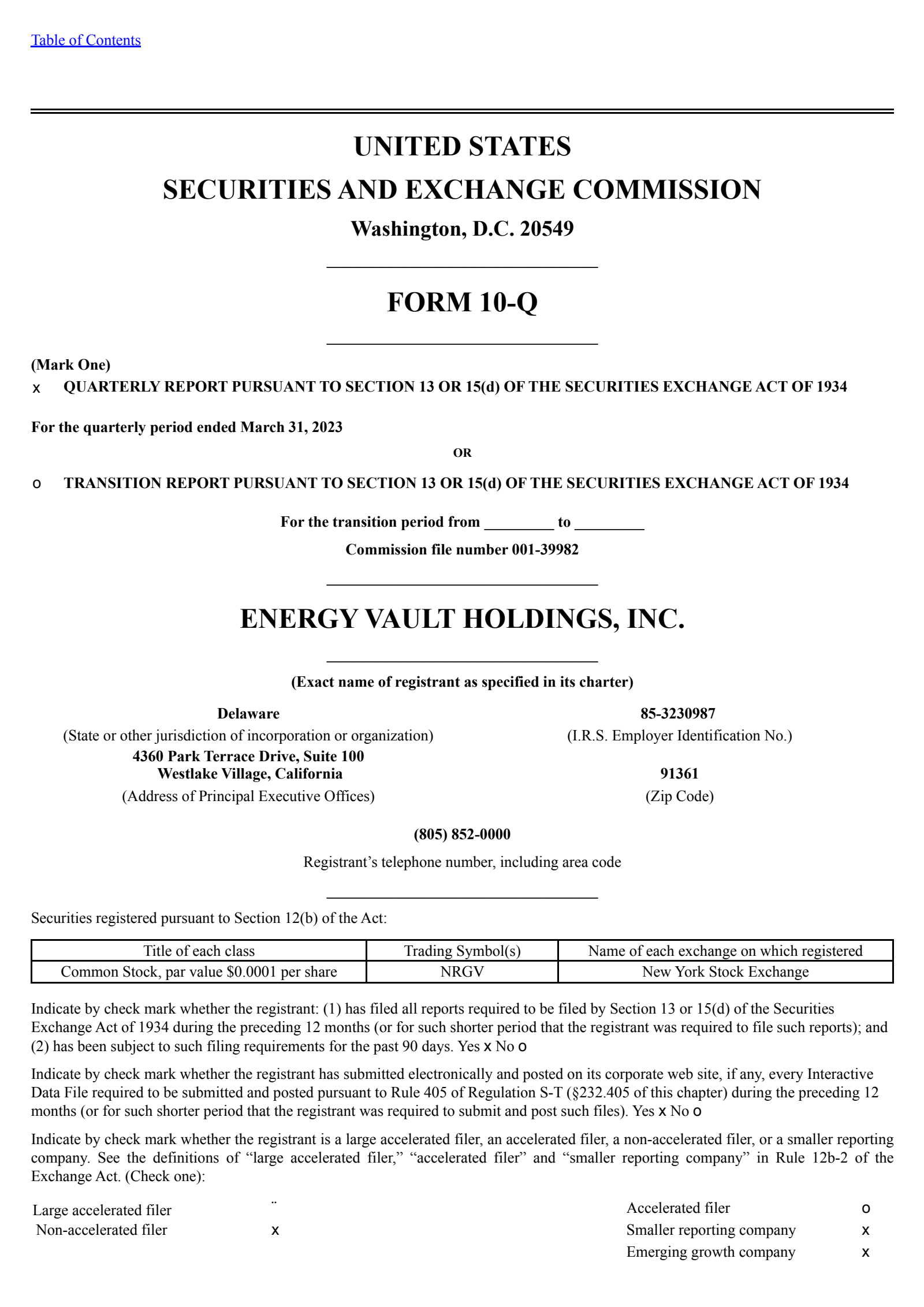 Energy Vault's Q1 2023 Quarterly report