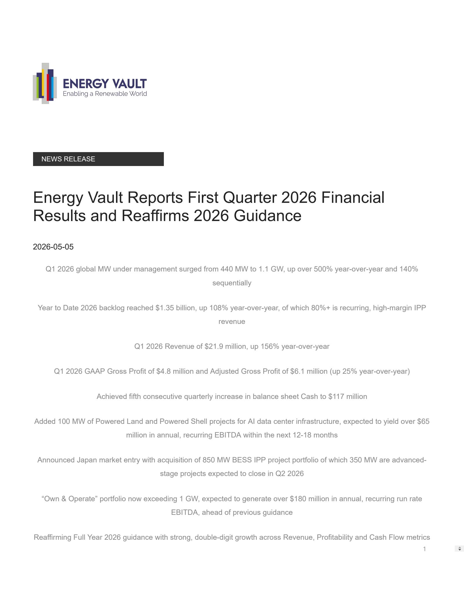 Energy Vault's Q1 2026 Press Release