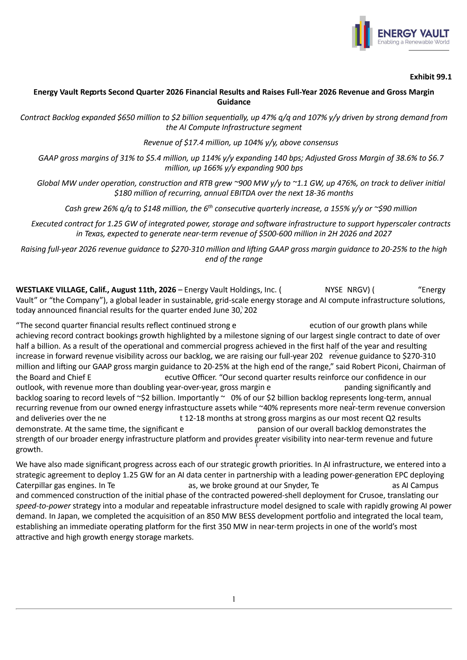 Energy Vault's Q2 2026 Press Release
