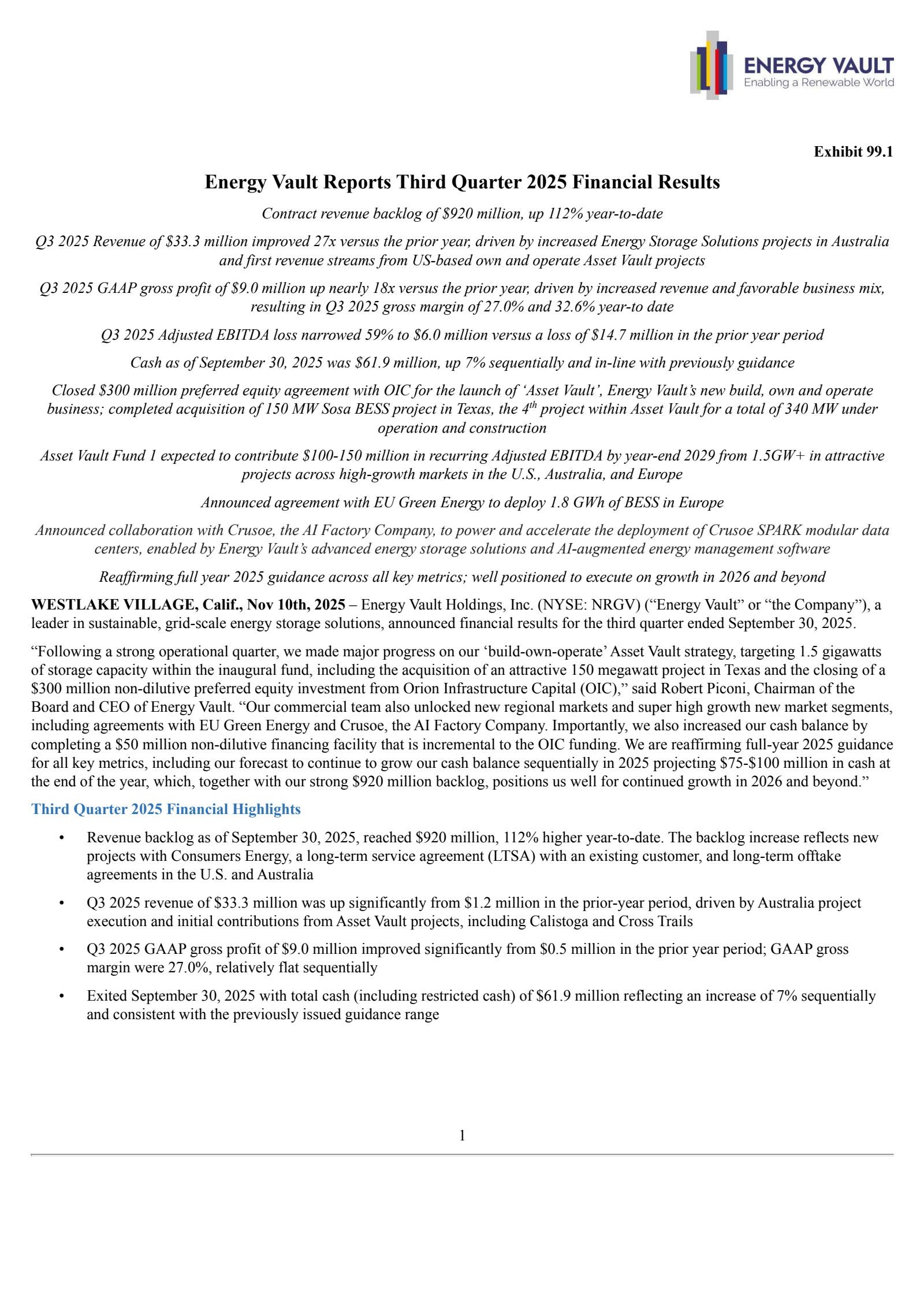 Energy Vault's Q3 2025 Earnings Release