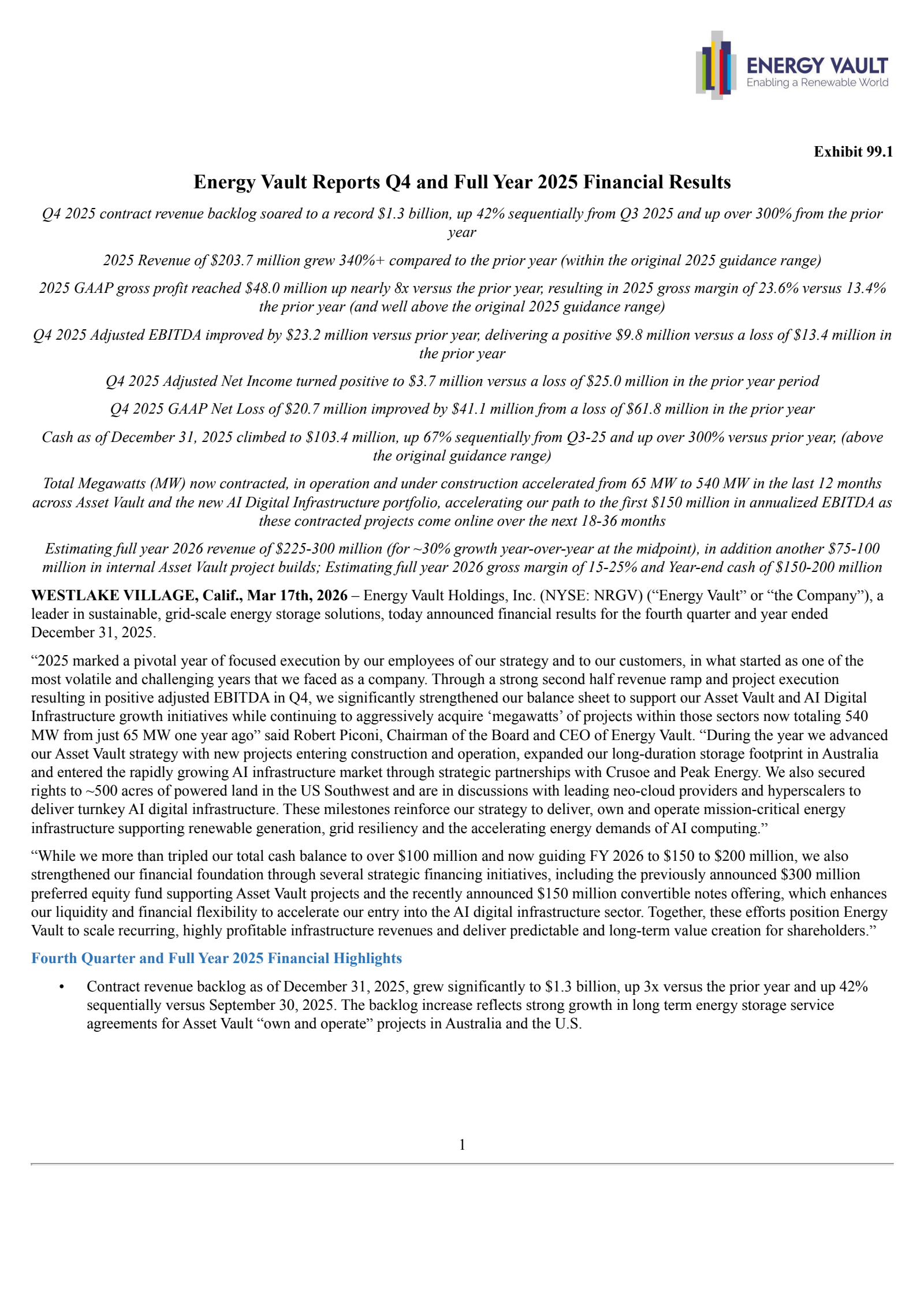 Energy Vault's Q4 2025 Press Release