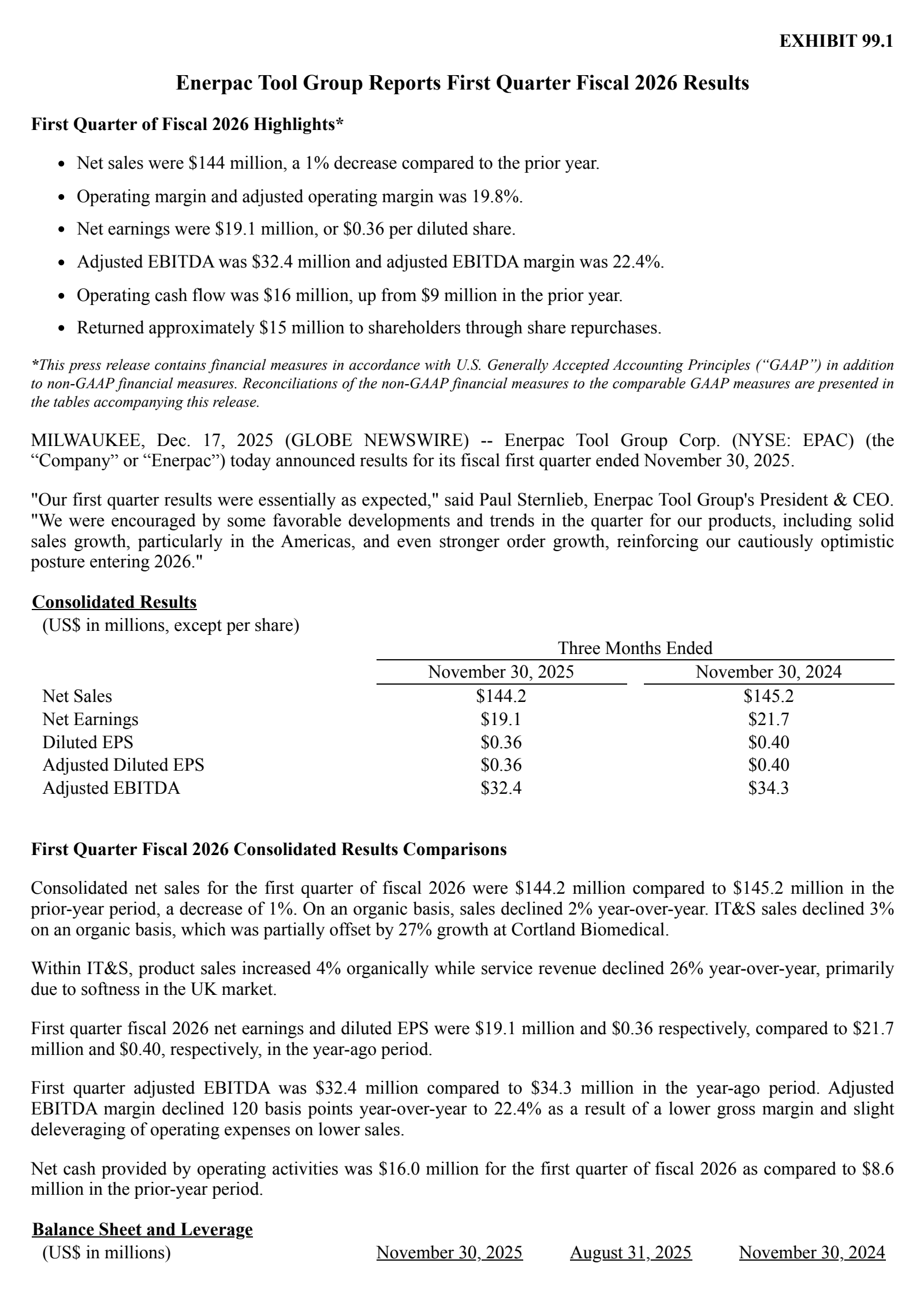 Enerpac Tool Group's Q1 2026 Earnings Release