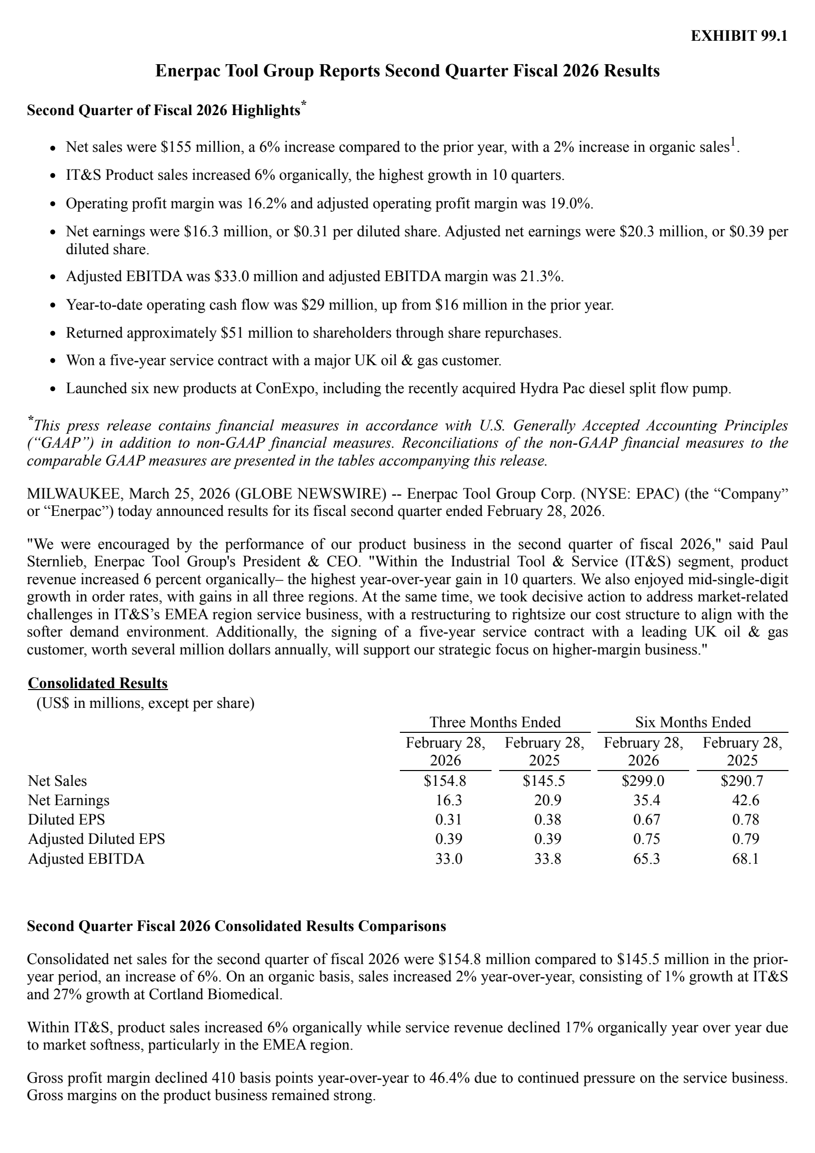 Enerpac Tool Group's Q2 2026 Press Release