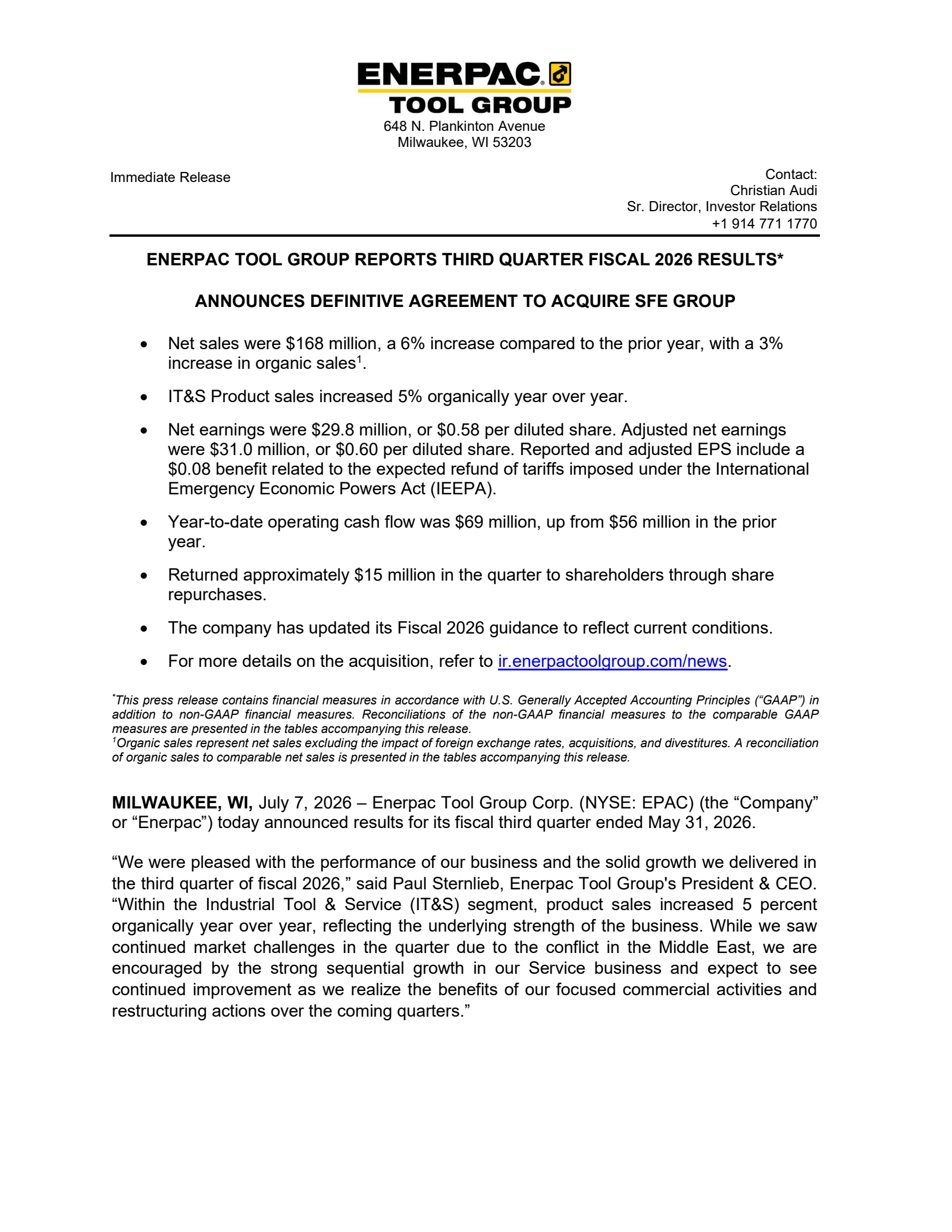 Enerpac Tool Group's Q3 2026 & Acquisition Press Release