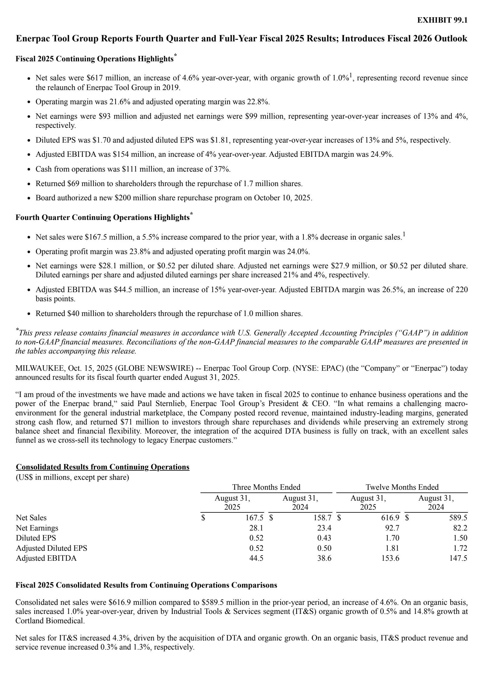 Enerpac Tool Group's Q4 2025 Earnings Release
