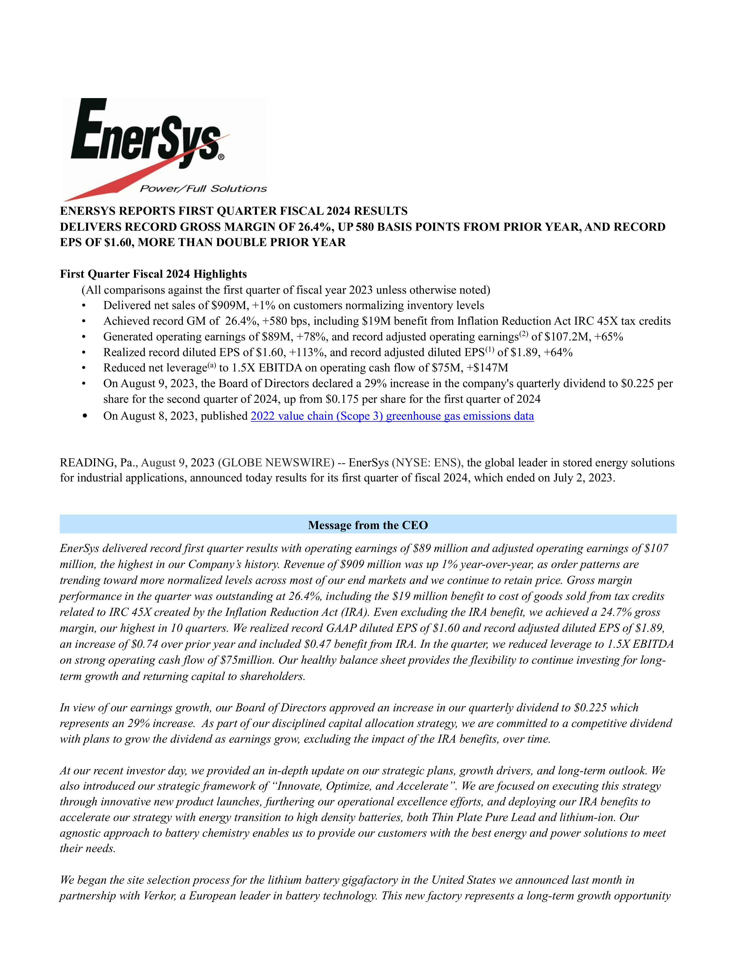 EnerSys' Q1 2024 Press Release