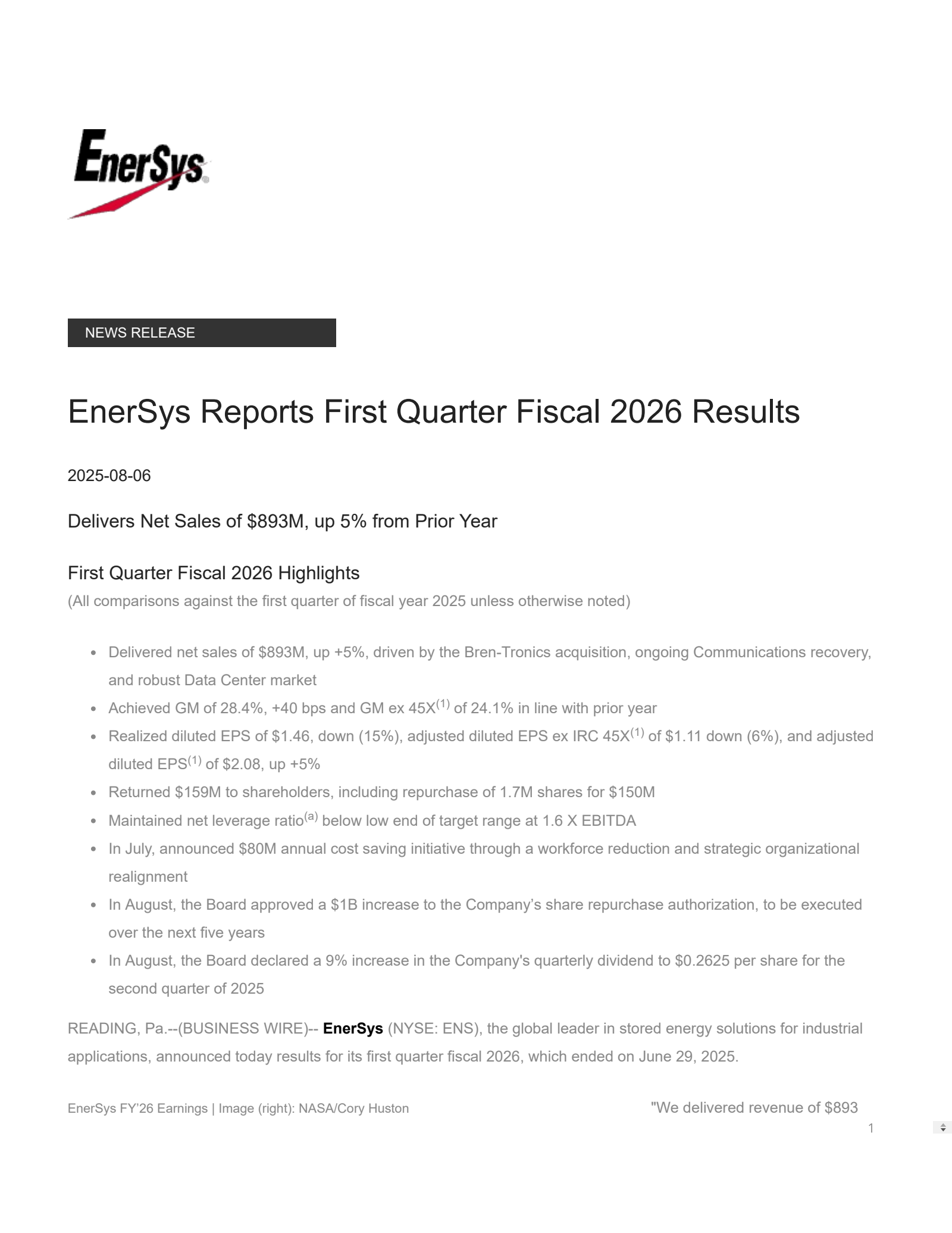 Enersys' Q1 2026 Press Release