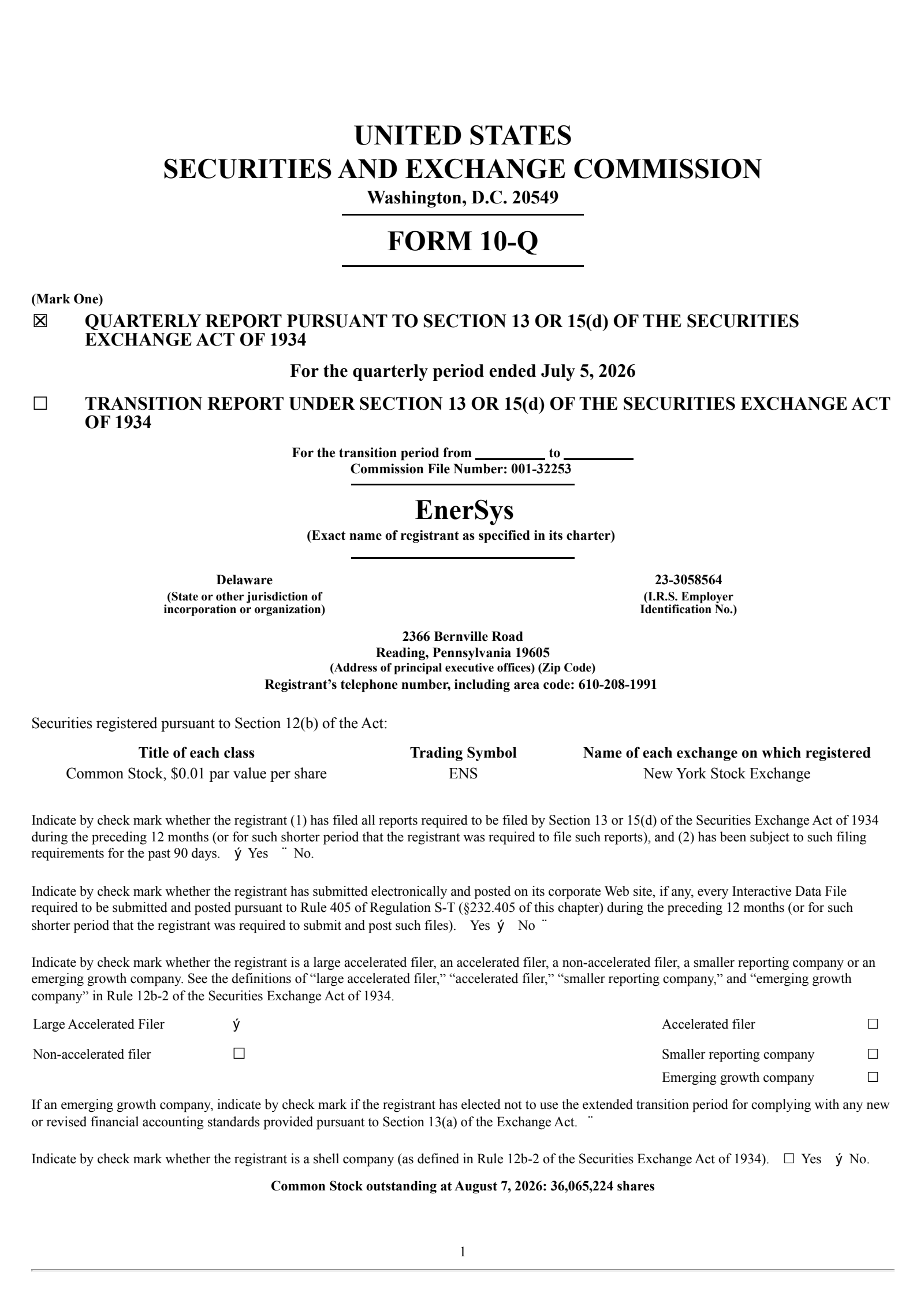 Enersys' Q1 2027 Quarterly report