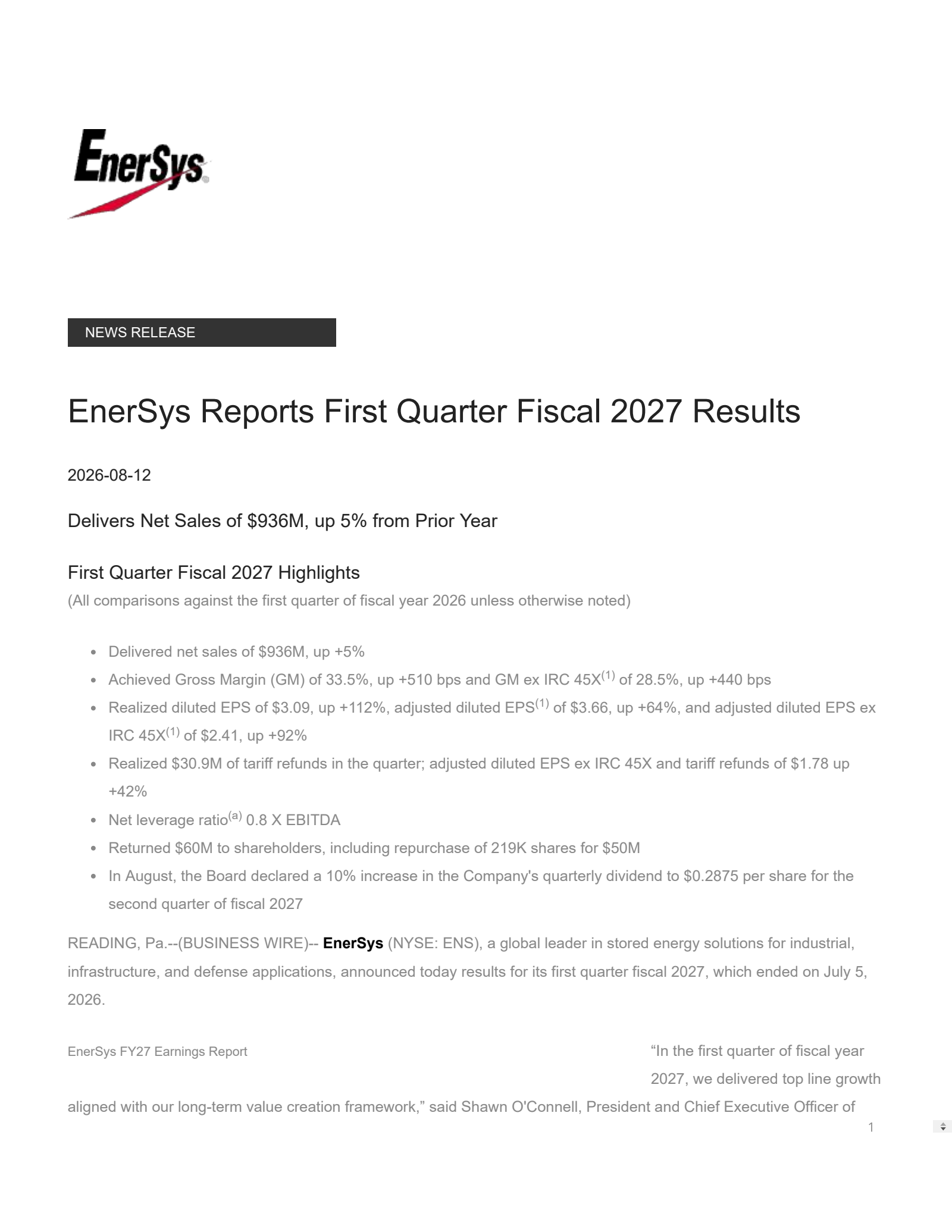 Enersys' Q1 2027 Press Release
