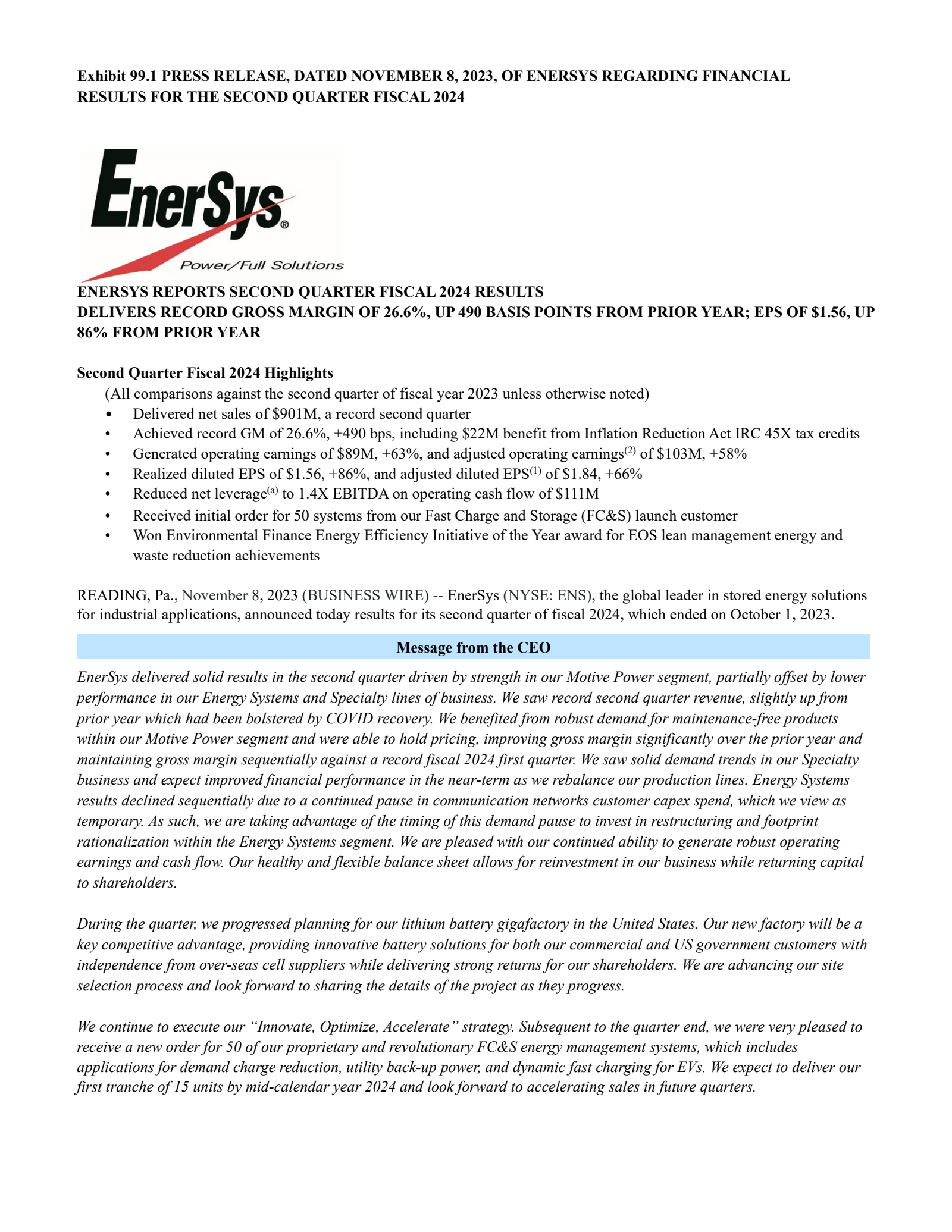 EnerSys' Q2 2024 Press Release