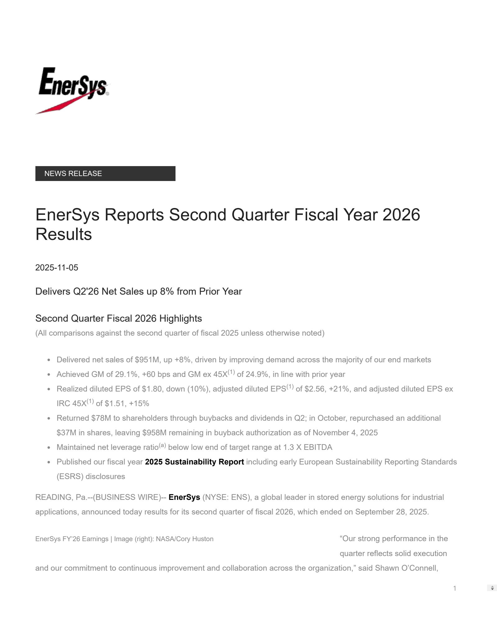 Enersys' Q2 2026 Earnings Release