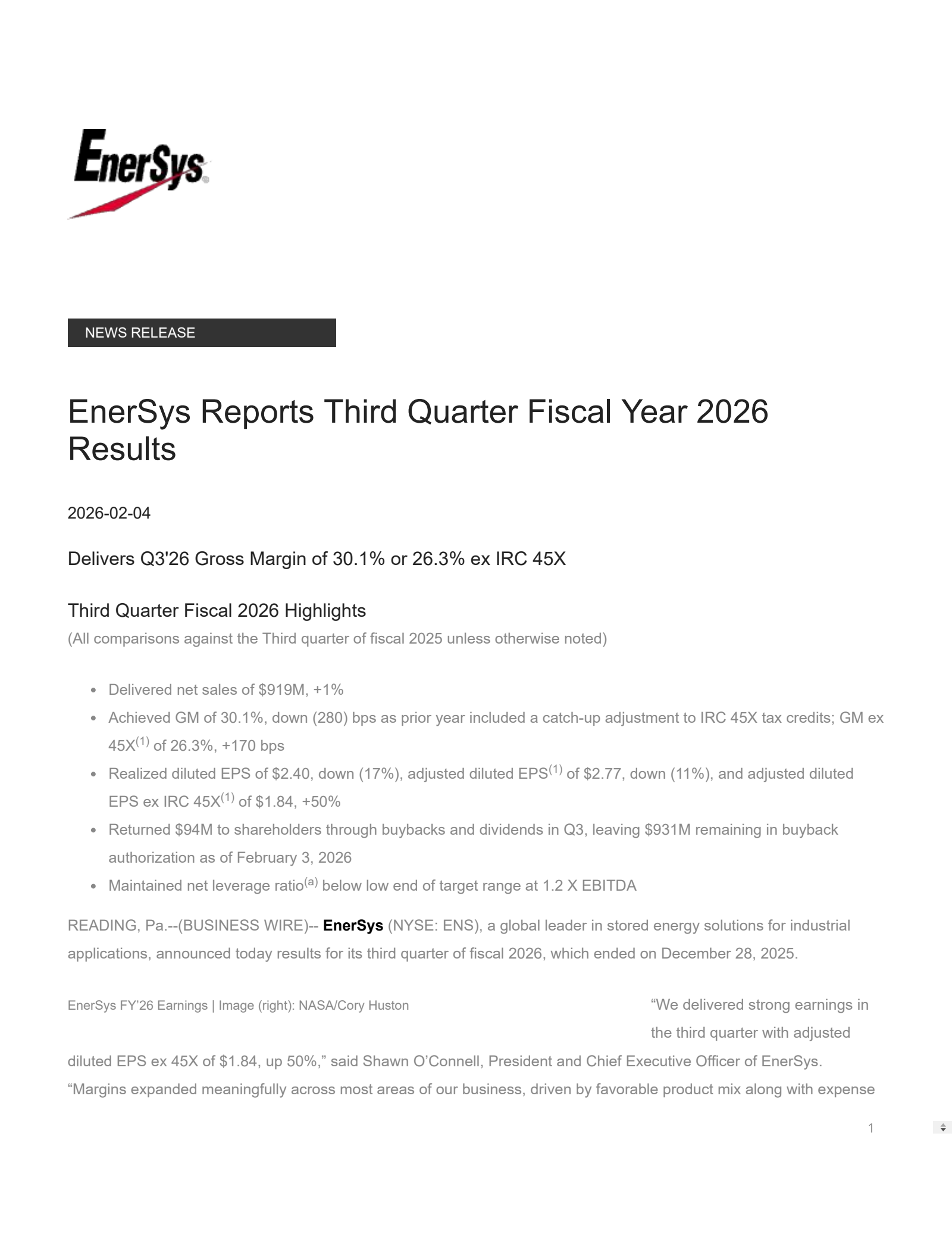 Enersys' Q3 2026 Press Release