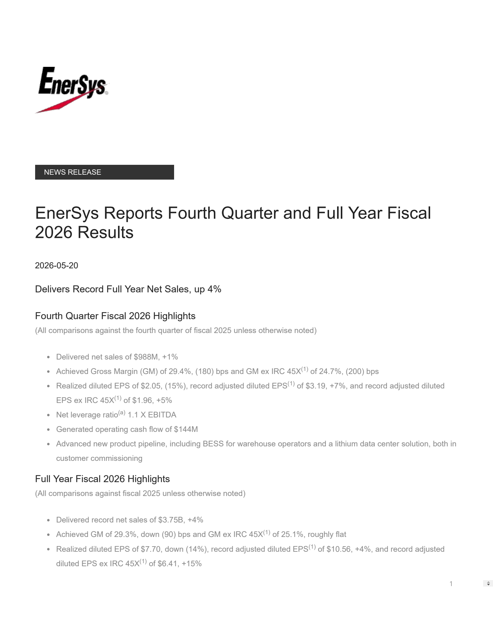 Enersys' Q4 2026 Press Release
