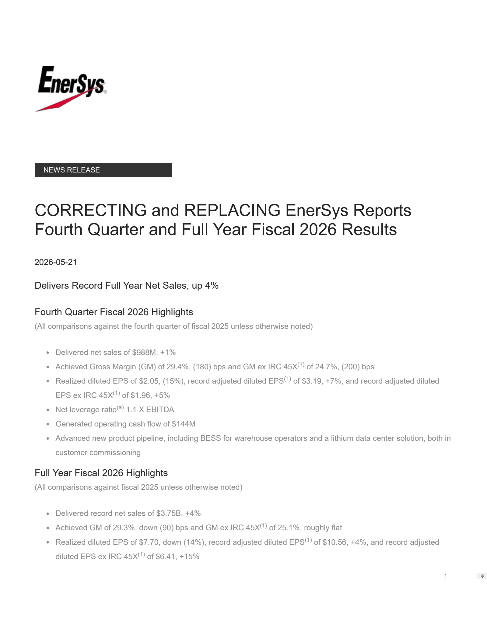 Enersys' Q4 2026 Press Release