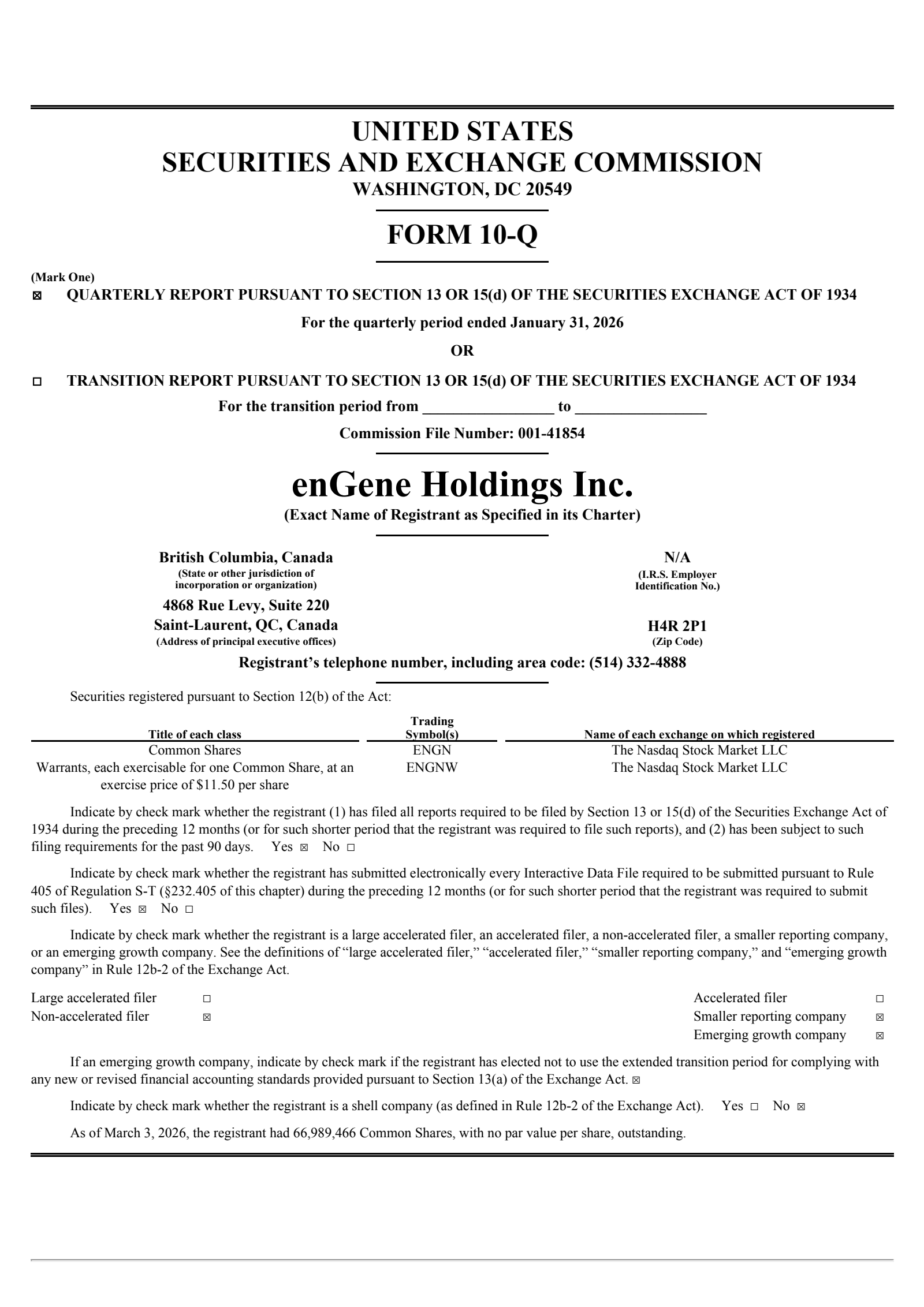enGene's Q1 2026 Quarterly report