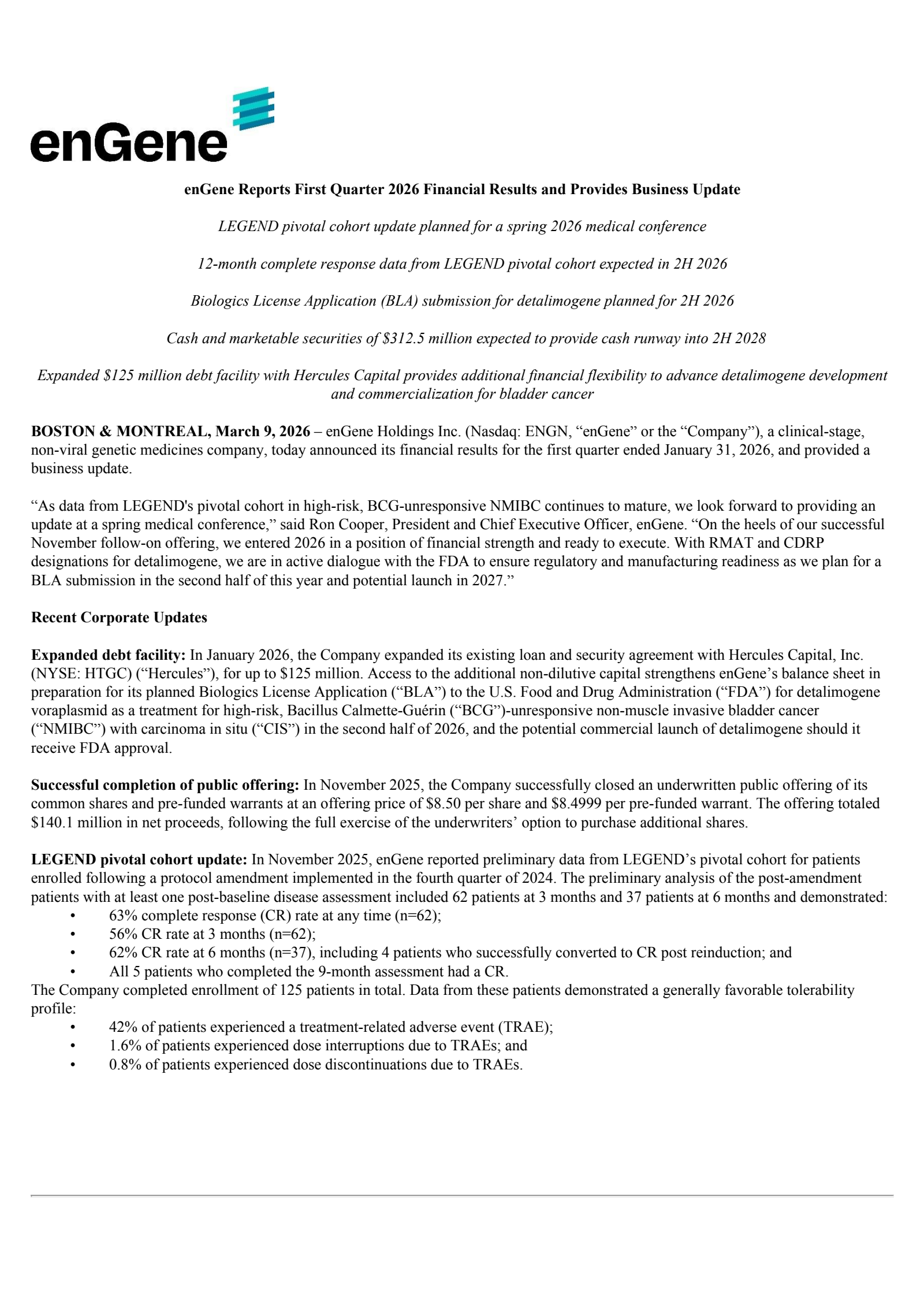 enGene's Q1 2026 Press Release