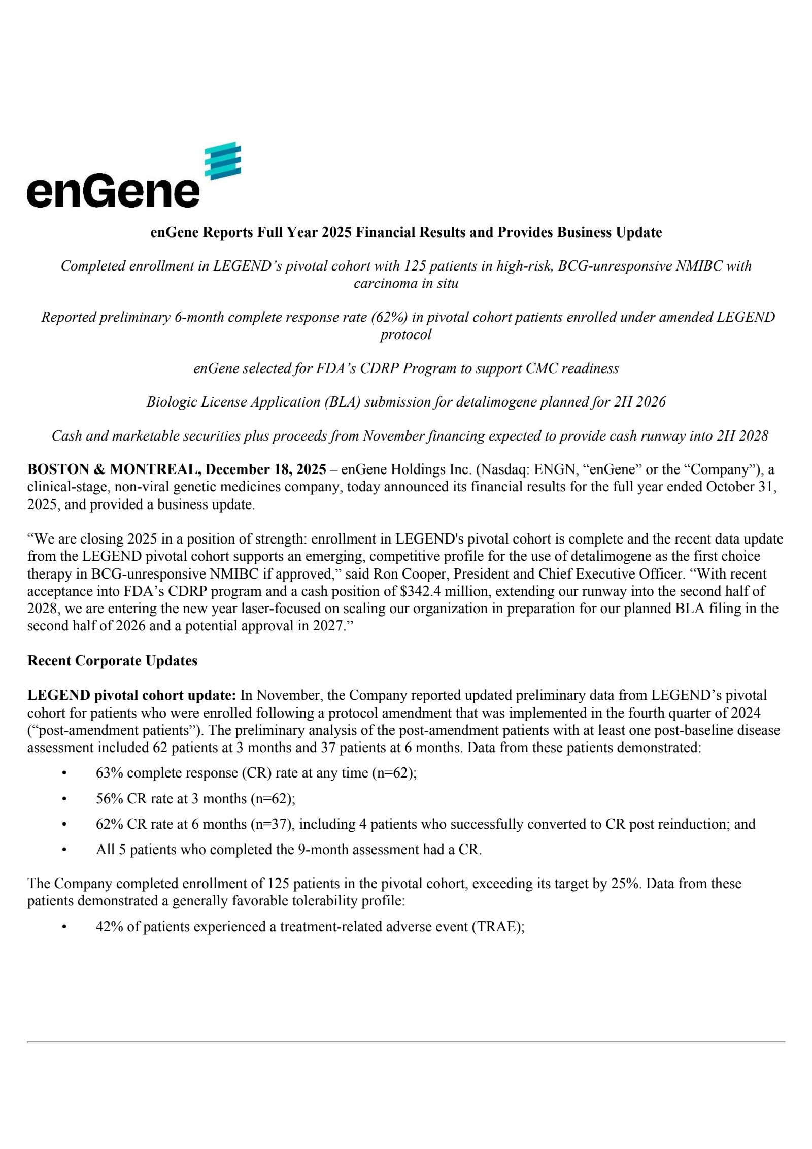 enGene's Q4 2025 Earnings Release