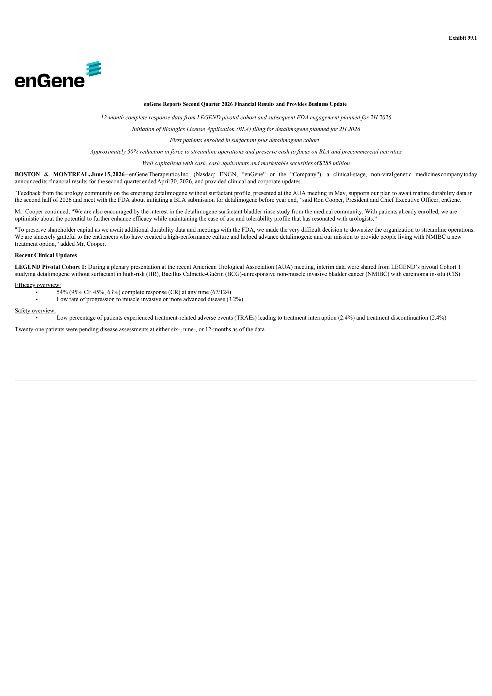 enGene's Q2 2026 Press Release