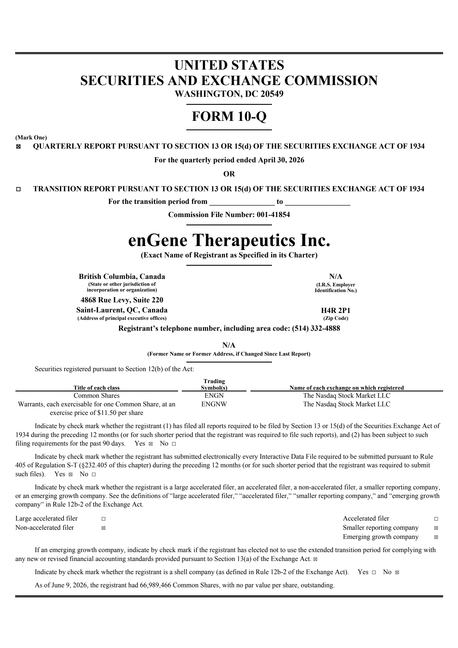 enGene's Q2 2026 Quarterly report