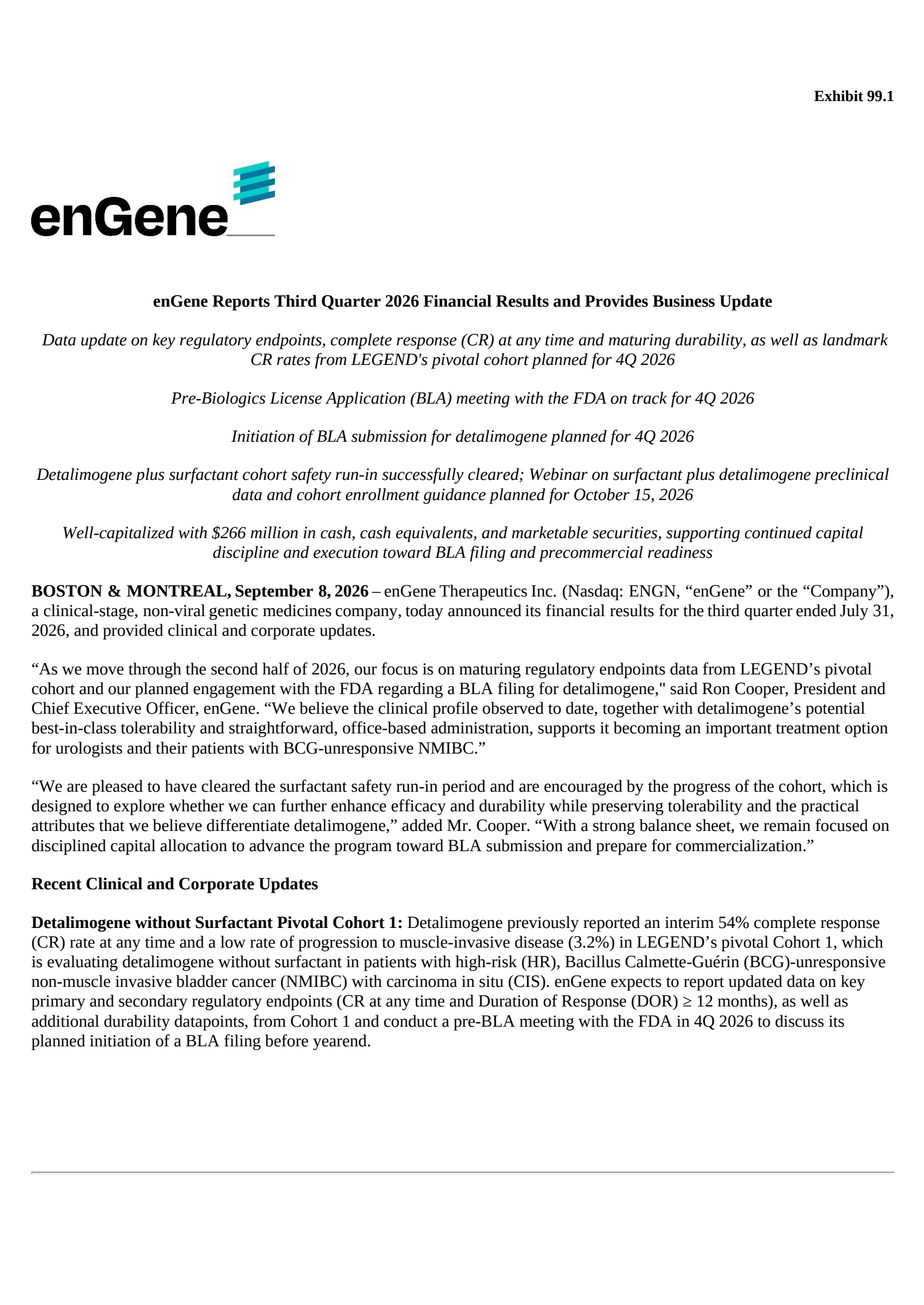 enGene's Q3 2026 Press Release