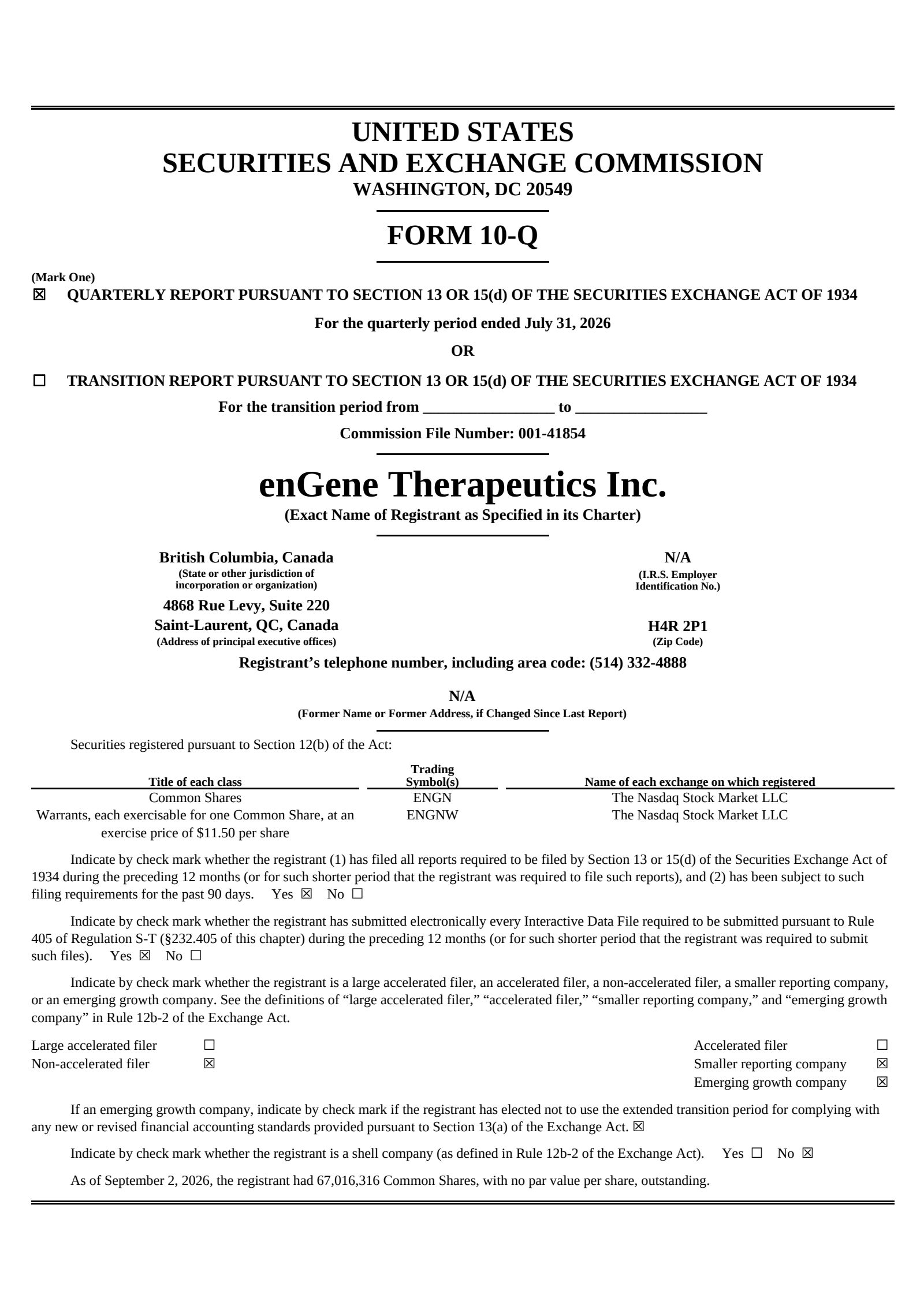 enGene's Q3 2026 Quarterly report