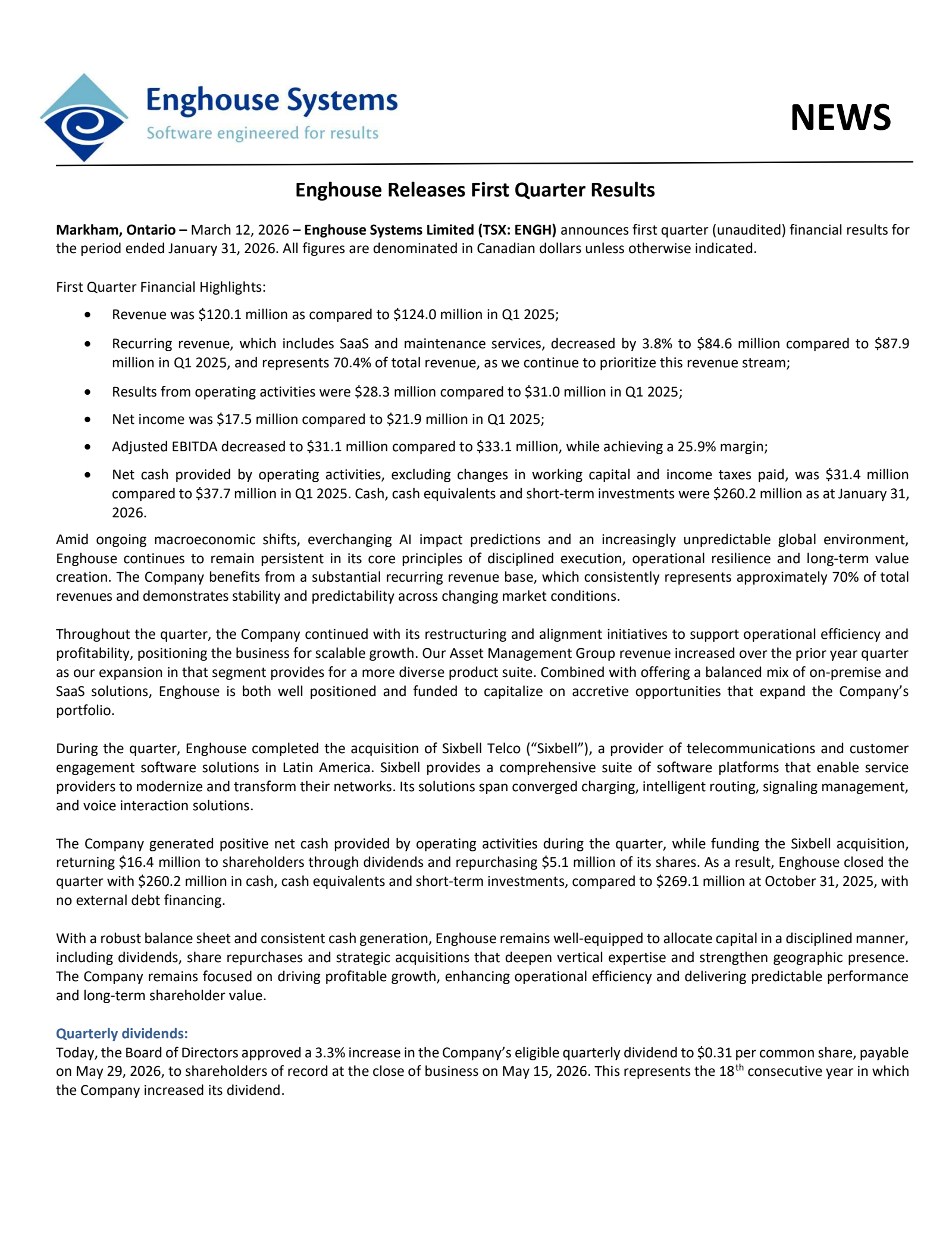 Enghouse Systems' Q1 2026 Press Release