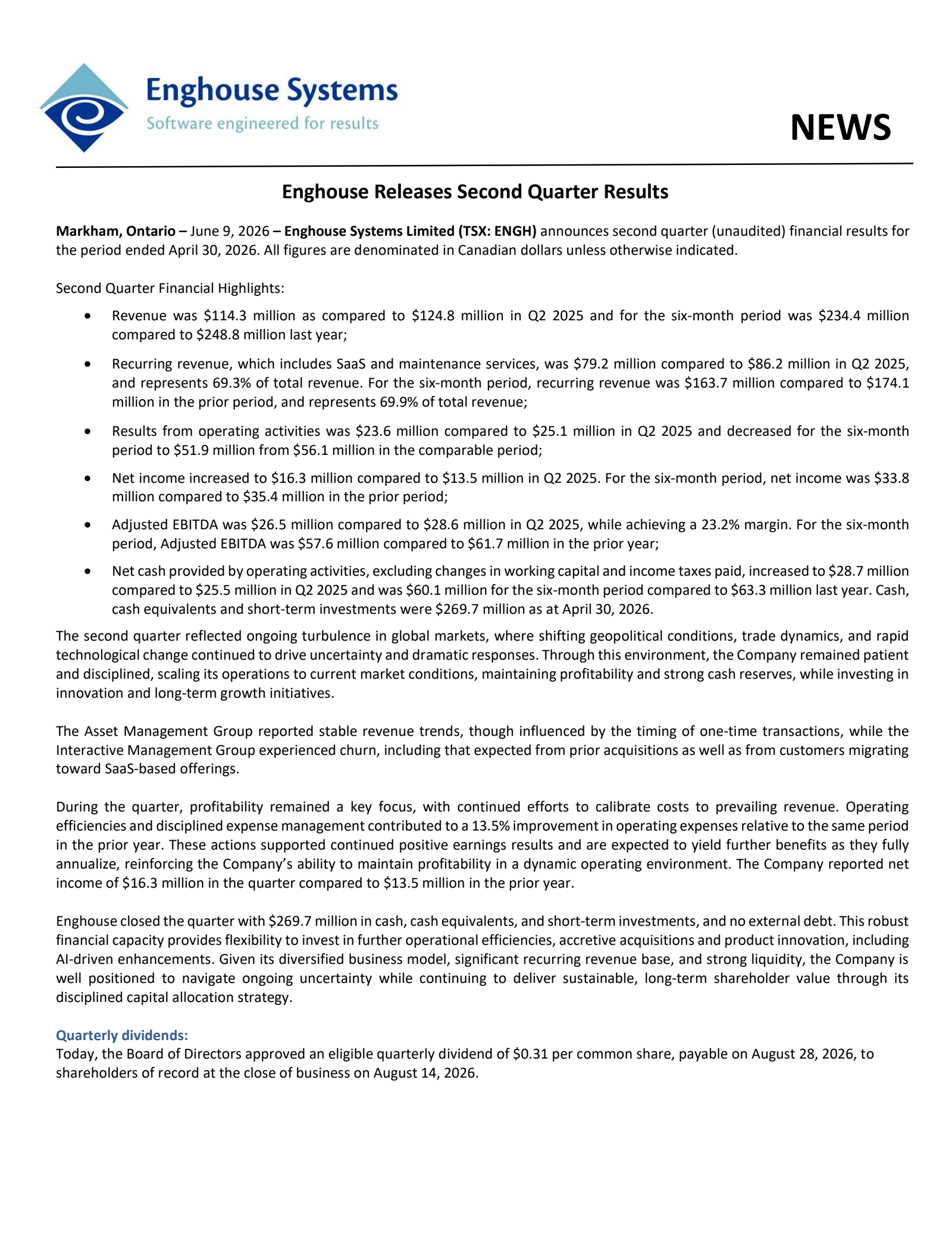 Enghouse Systems' Q2 2026 Press Release