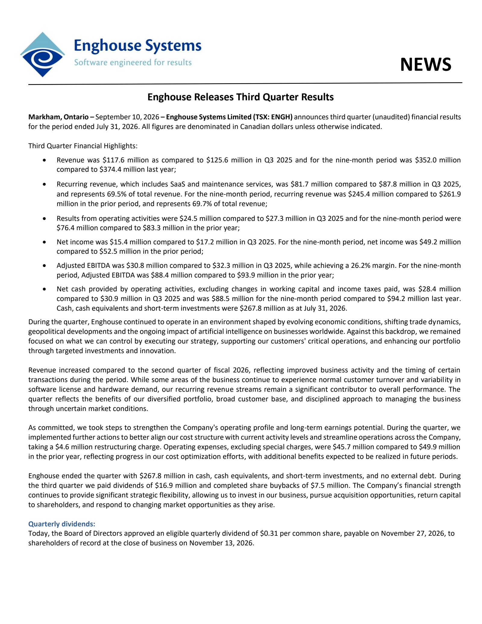 Enghouse Systems' Q3 2026 Press Release