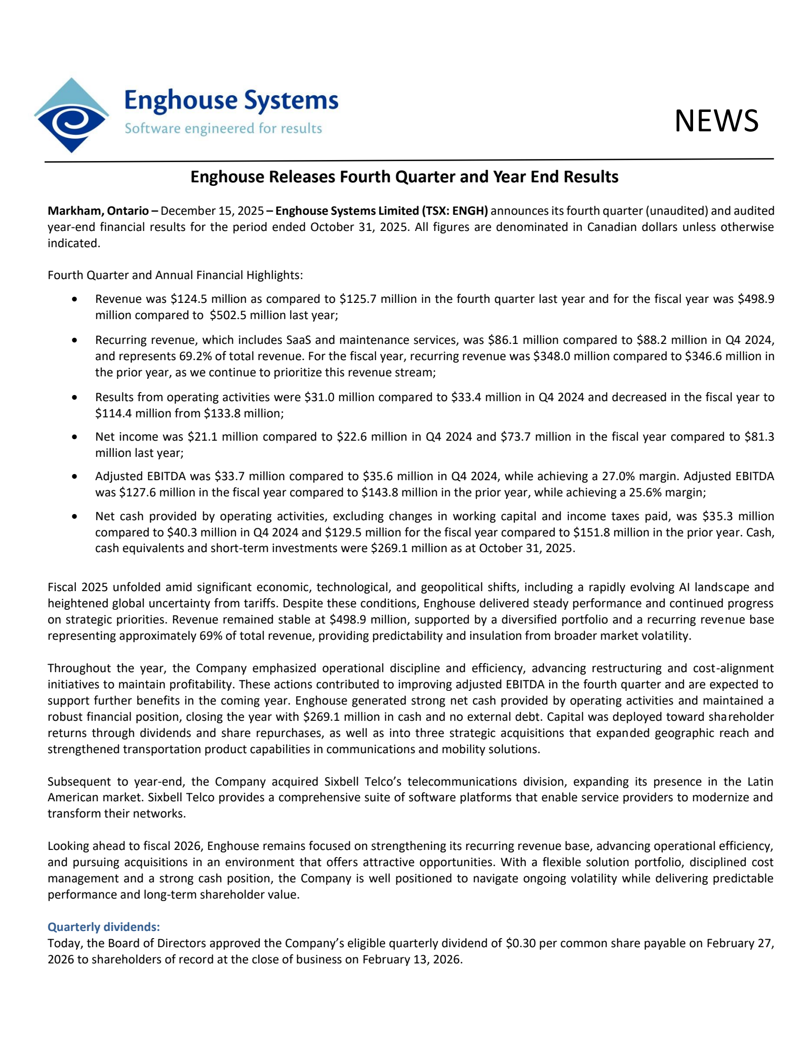 Enghouse Systems' Q4 2025 Earnings Release