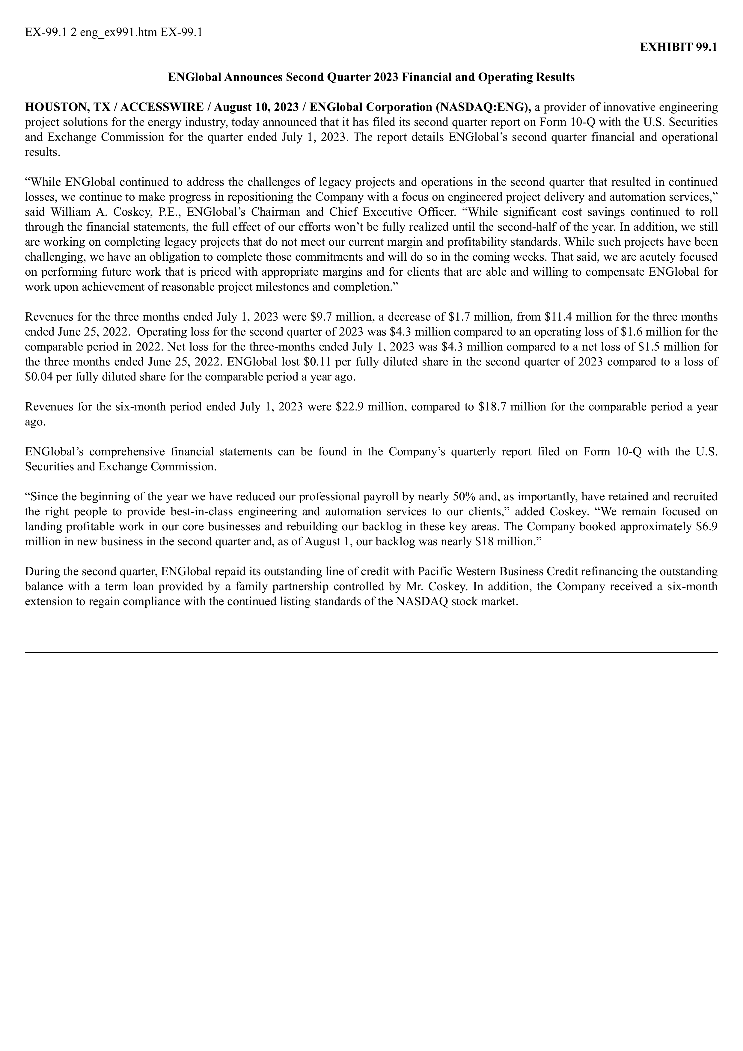 ENGlobal's Q2 2023 Press Release