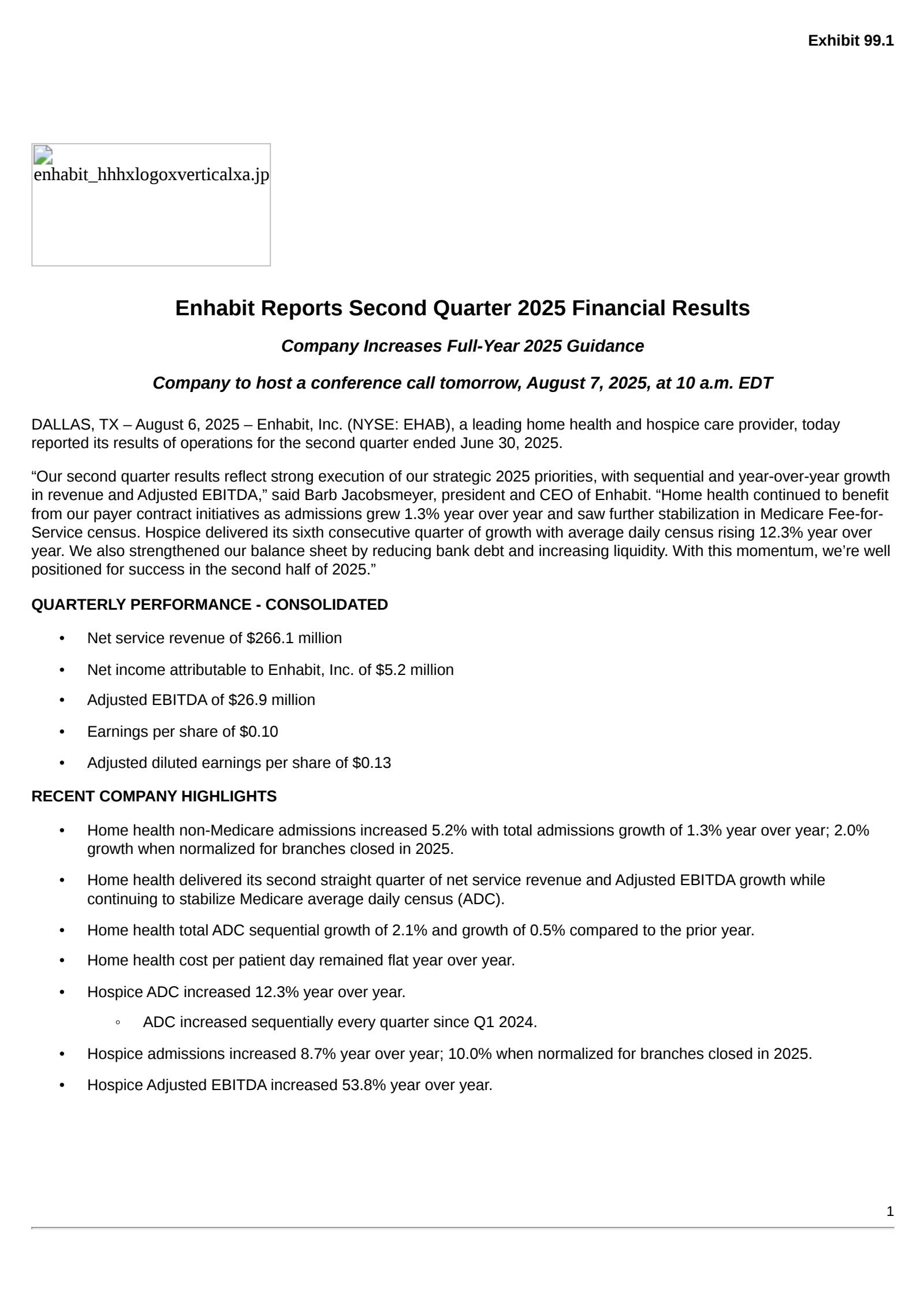 Enhabit's Q2 2025 Press Release